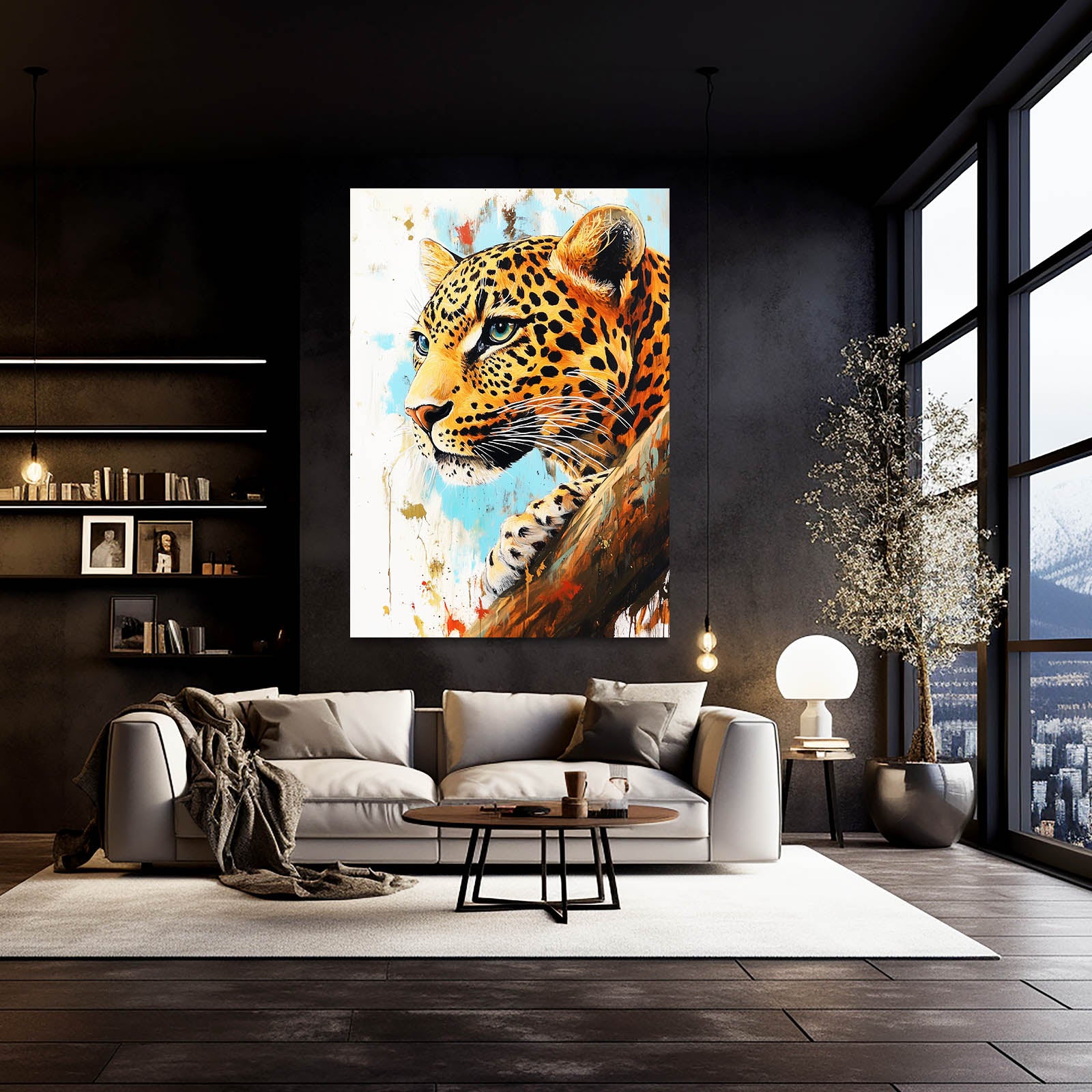Splashed Teal Portrait Leopard Wall Art – styled in a furnished interior