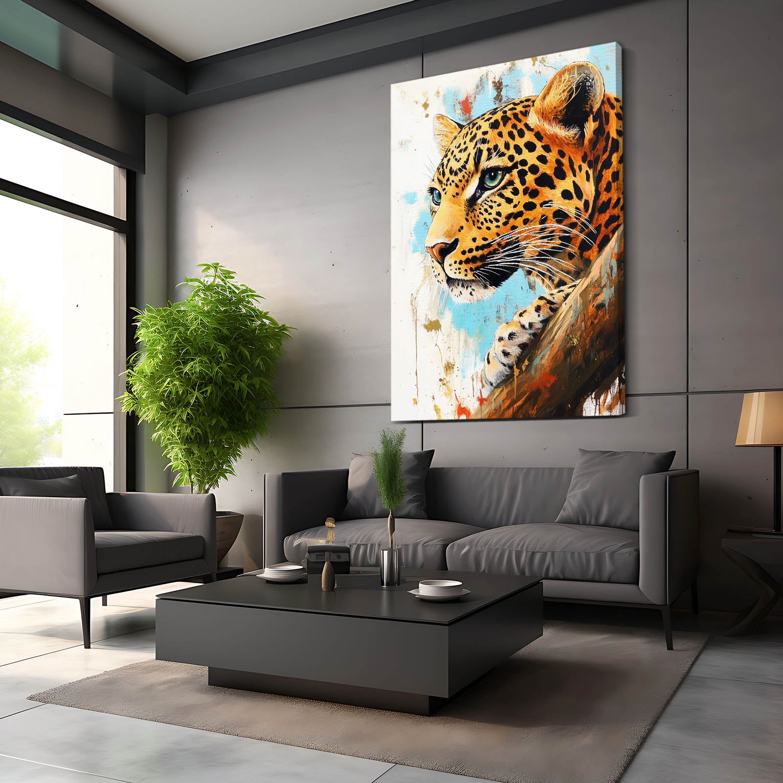 Splashed Teal Portrait Leopard Wall Art – styled in a furnished interior