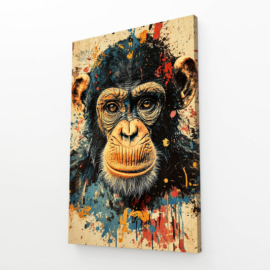 Splatter Ink Portrait Monkey Prints – angled canvas view on white background