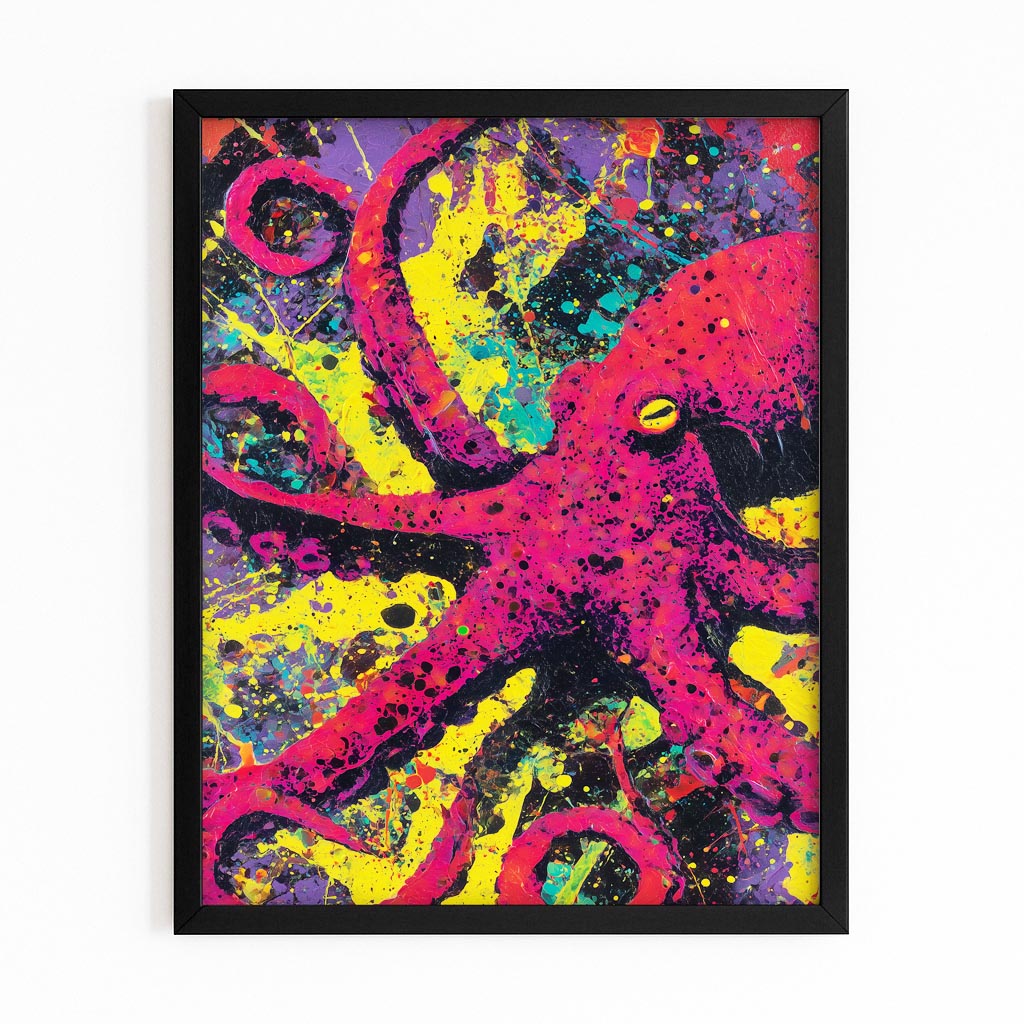 Splatter Neon Octopus Wall Art – with Premium Black frame on white background