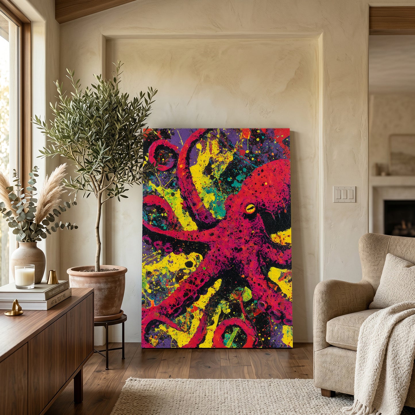Splatter Neon Octopus Wall Art – styled in a furnished interior