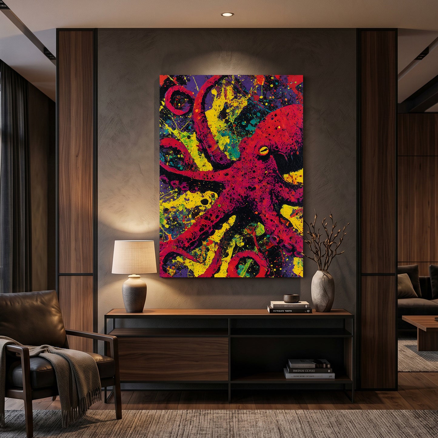 Splatter Neon Octopus Wall Art – styled in a furnished interior