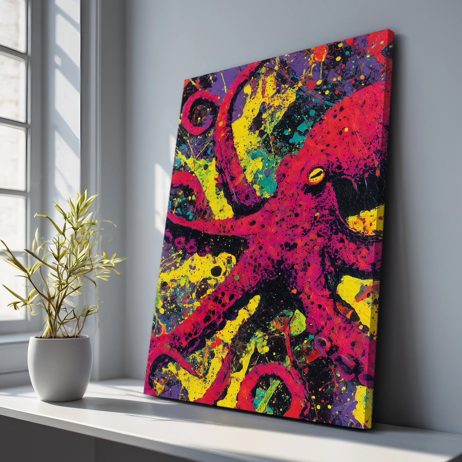 Splatter Neon Octopus Wall Art – styled in a furnished interior