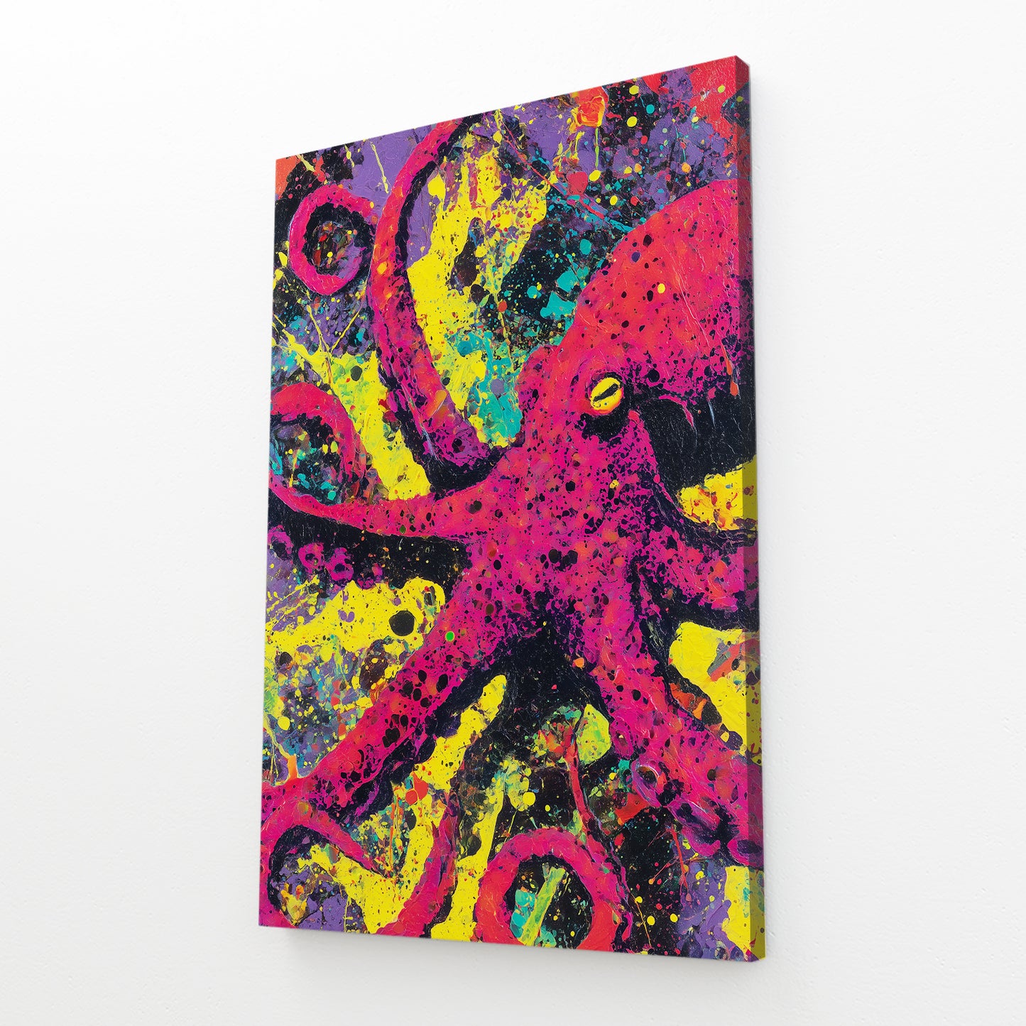 Splatter Neon Octopus Wall Art – angled canvas view on white background