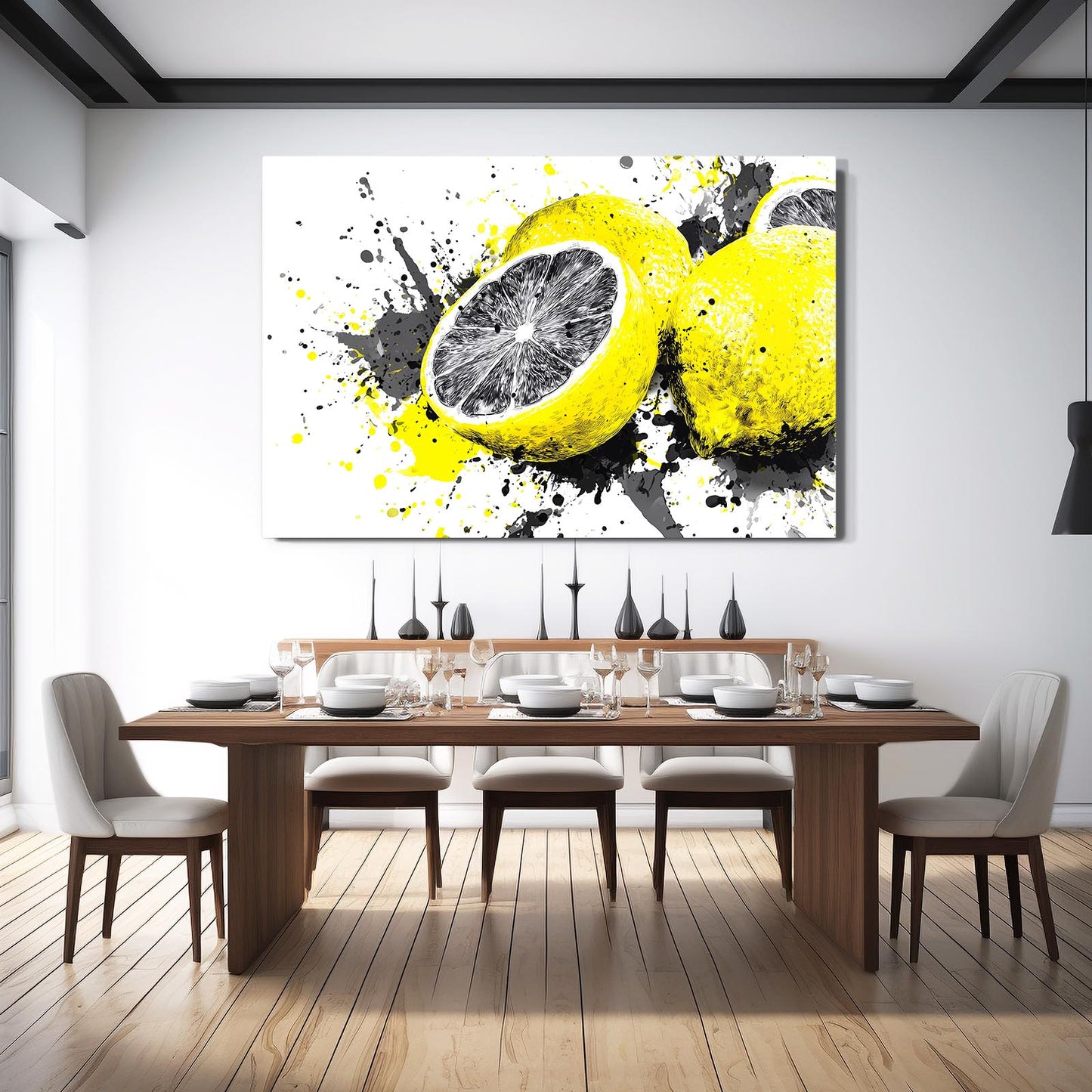 Splatter Pop Lemon Fruit Canvas – styled in a furnished interior