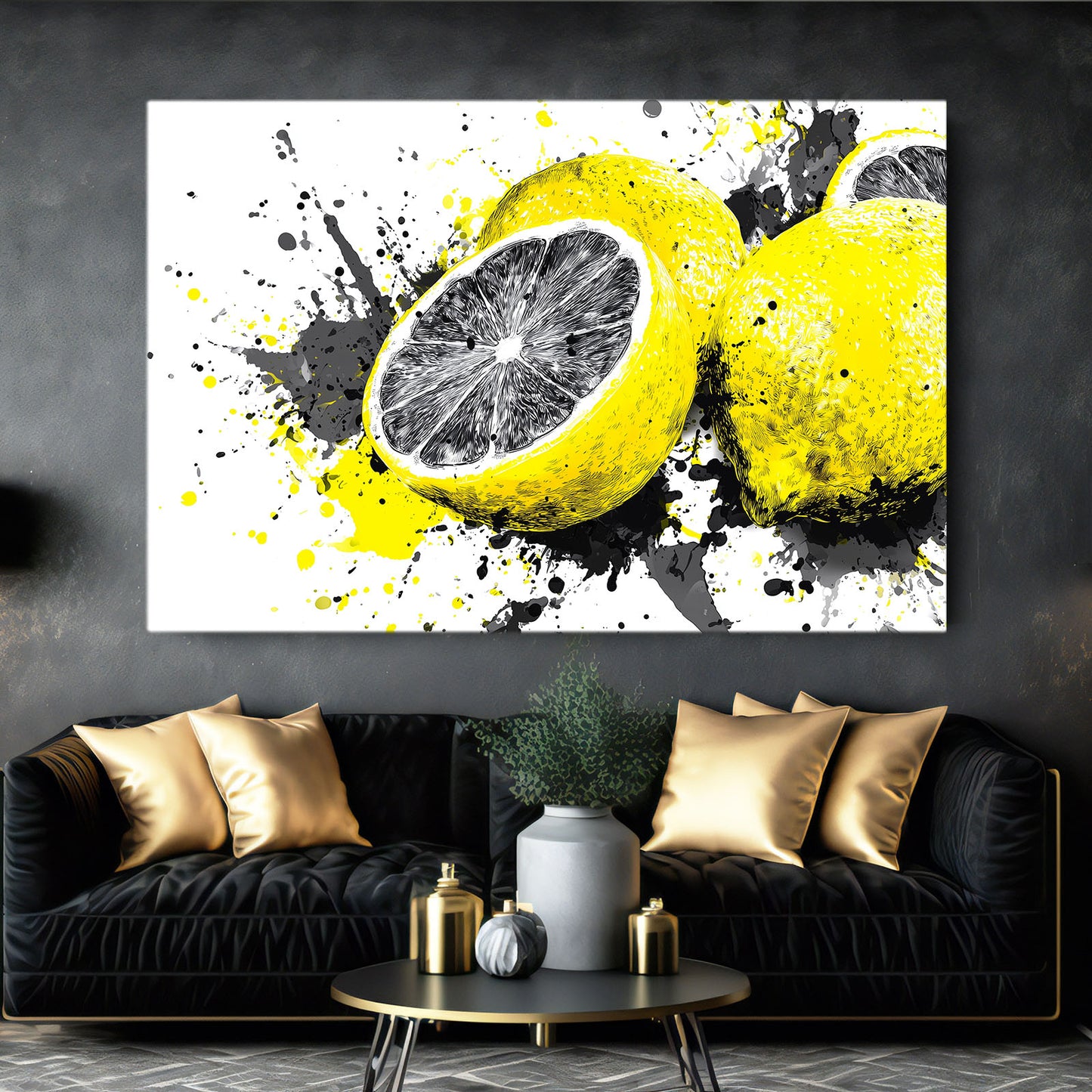 Splatter Pop Lemon Fruit Canvas – styled in a furnished interior