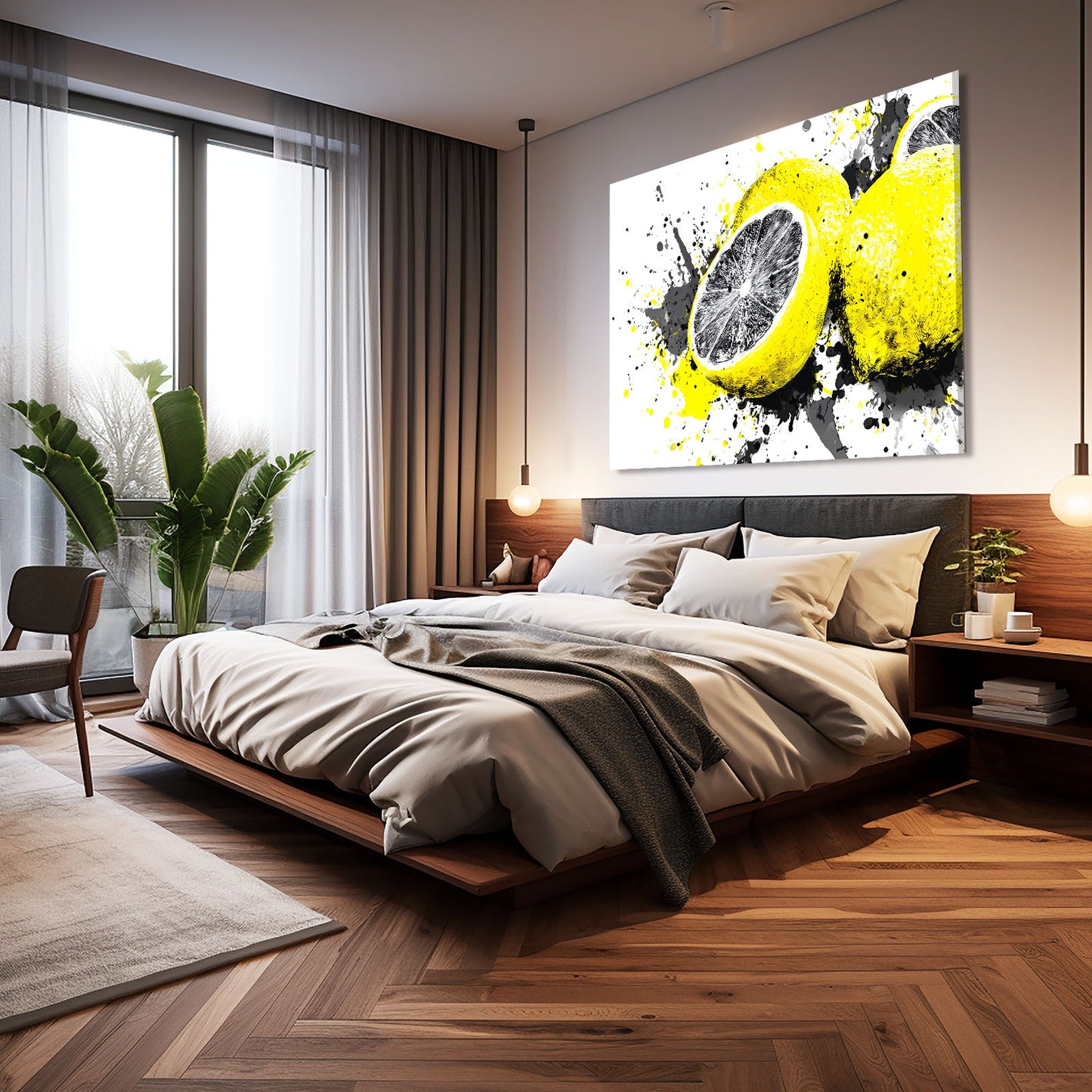 Splatter Pop Lemon Fruit Canvas – styled in a furnished interior