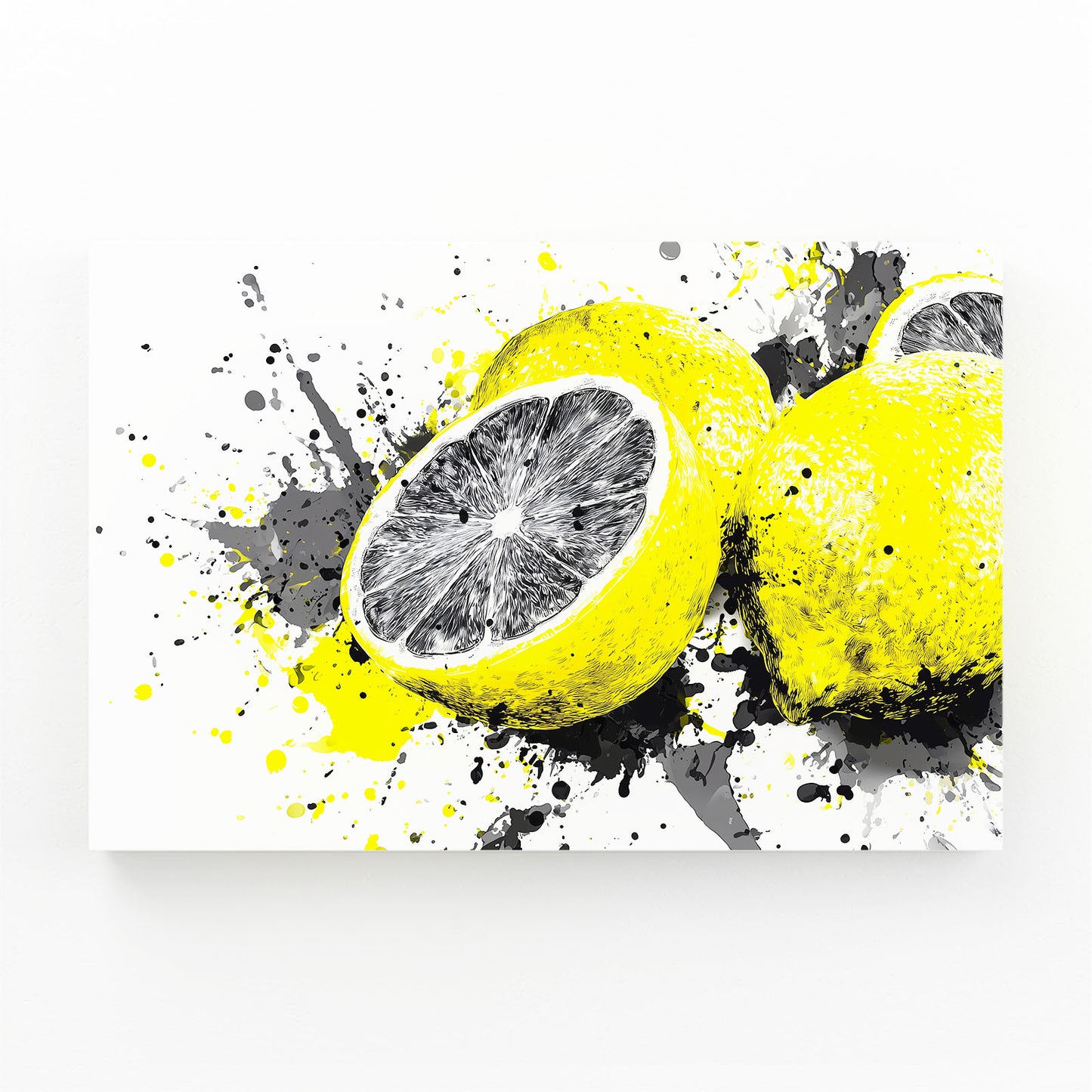 Splatter Pop Lemon Fruit Canvas – angled canvas view on white background