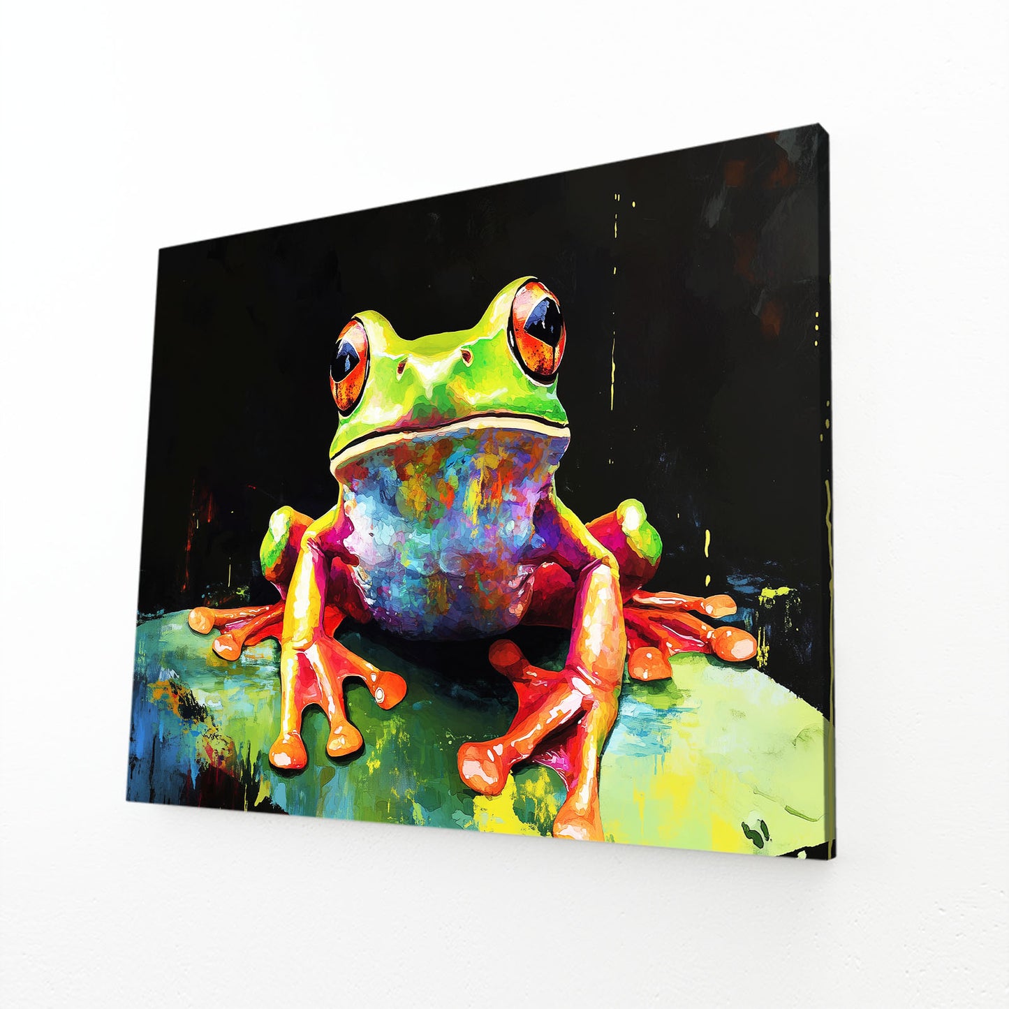 Splatter Rock Frog Wall Art – angled canvas view on white background