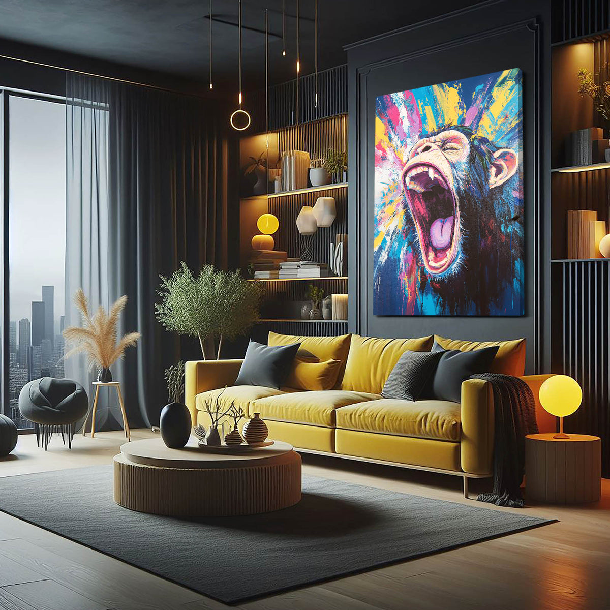 Splatter Yawn Monkey Prints — contemporary canvas print, styled in a furnished interior