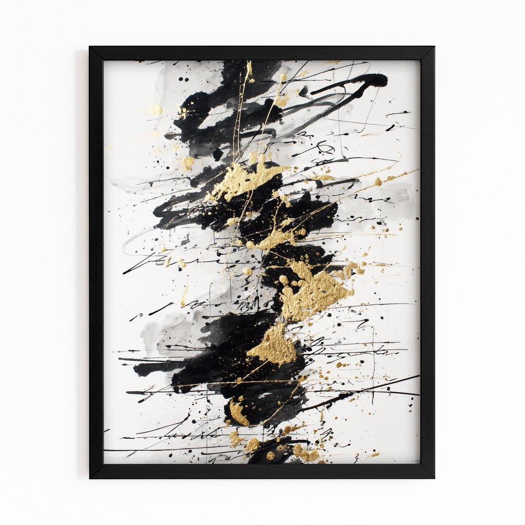 Splattered Gold Column Wall Art – with Premium Black frame on white background