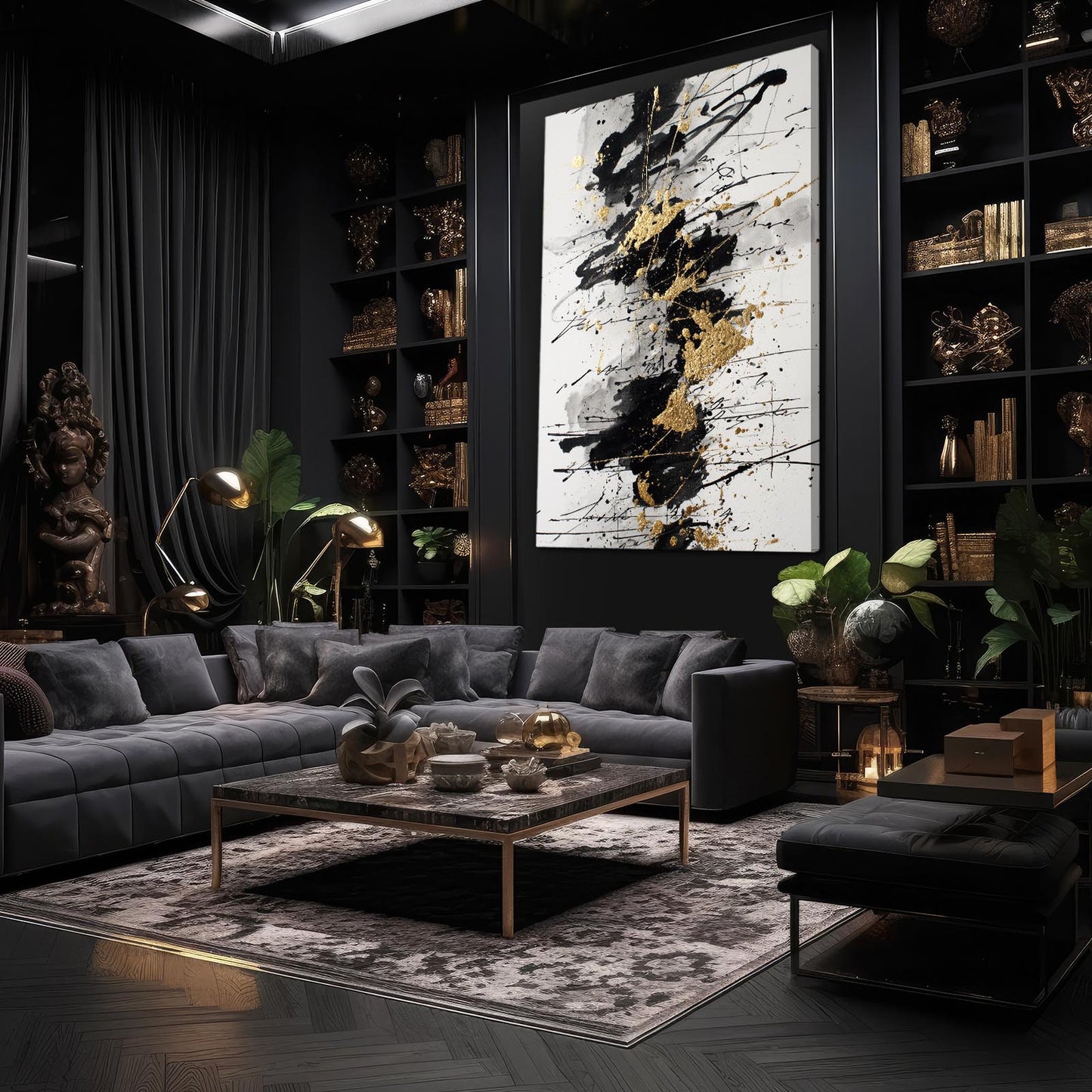 Splattered Gold Column Wall Art – styled in a furnished interior