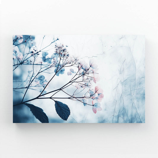Spring Blossom Wall Art and Photography – blossom sprigs in blush pink and slate blue on icy white