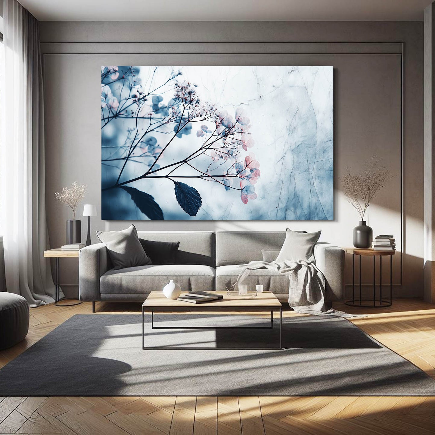 Spring Blossom Wall Art and Photography – above a cream sofa in a soft lounge