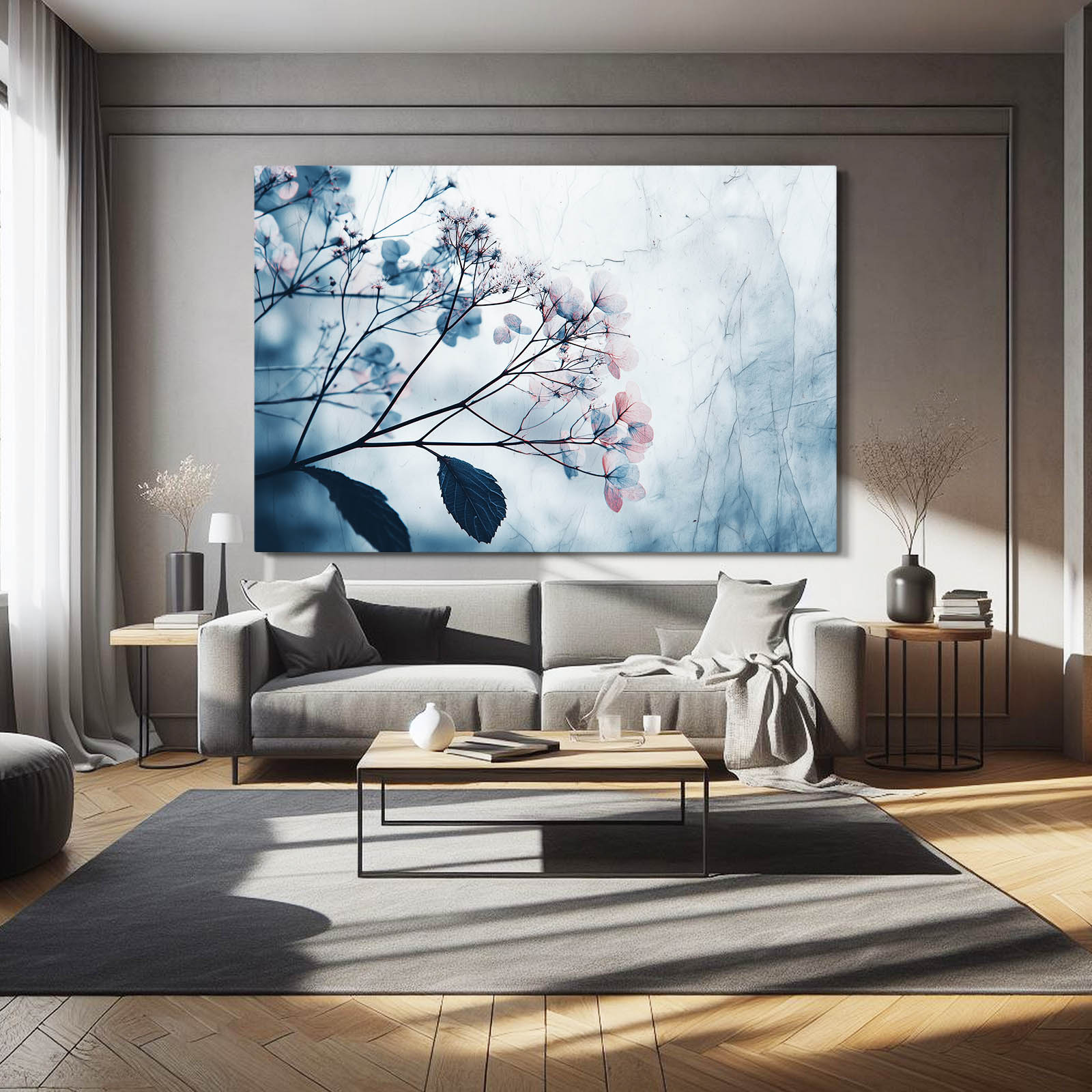 Spring Blossom Wall Art and Photography – above a cream sofa in a soft lounge