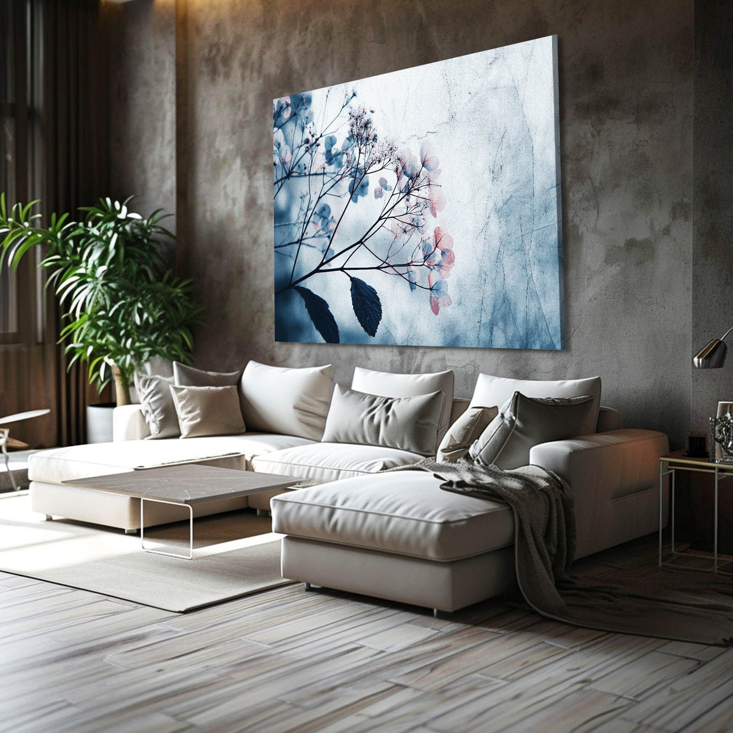 Spring Blossom Wall Art and Photography – above a beige sectional beside plants