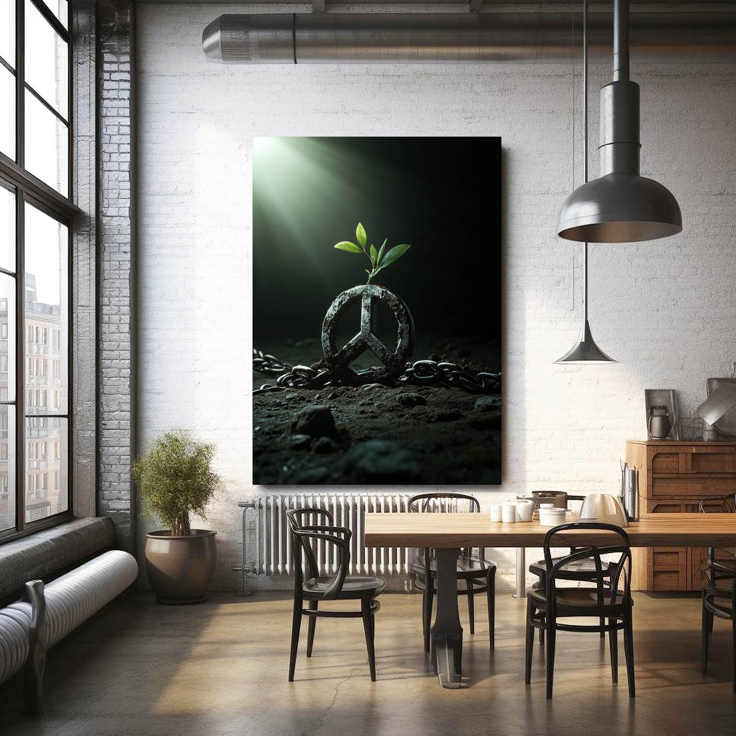 Sprouting Peace Symbol Canvas Art – styled in a furnished interior