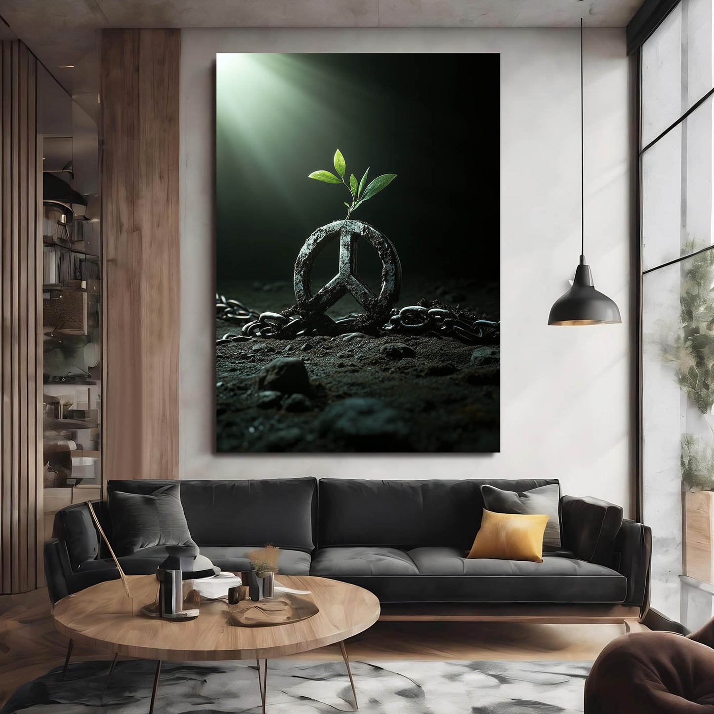 Sprouting Peace Symbol Canvas Art – styled in a furnished interior