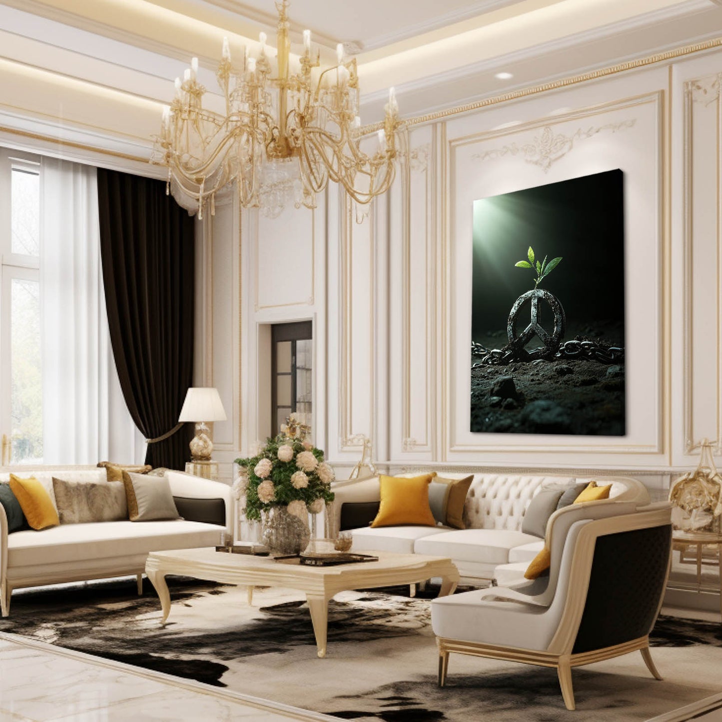 Sprouting Peace Symbol Canvas Art – styled in a furnished interior