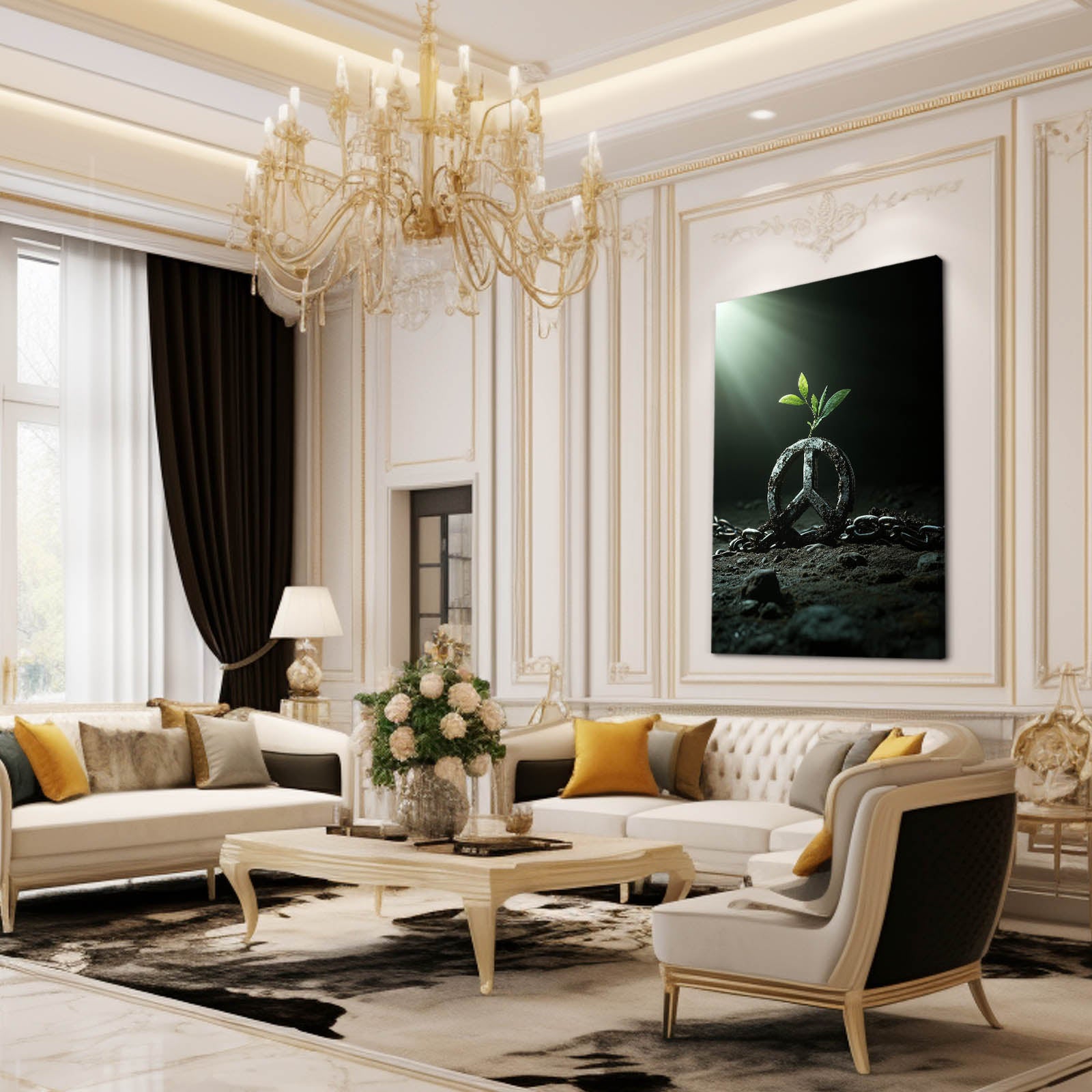 Sprouting Peace Symbol Canvas Art – styled in a furnished interior