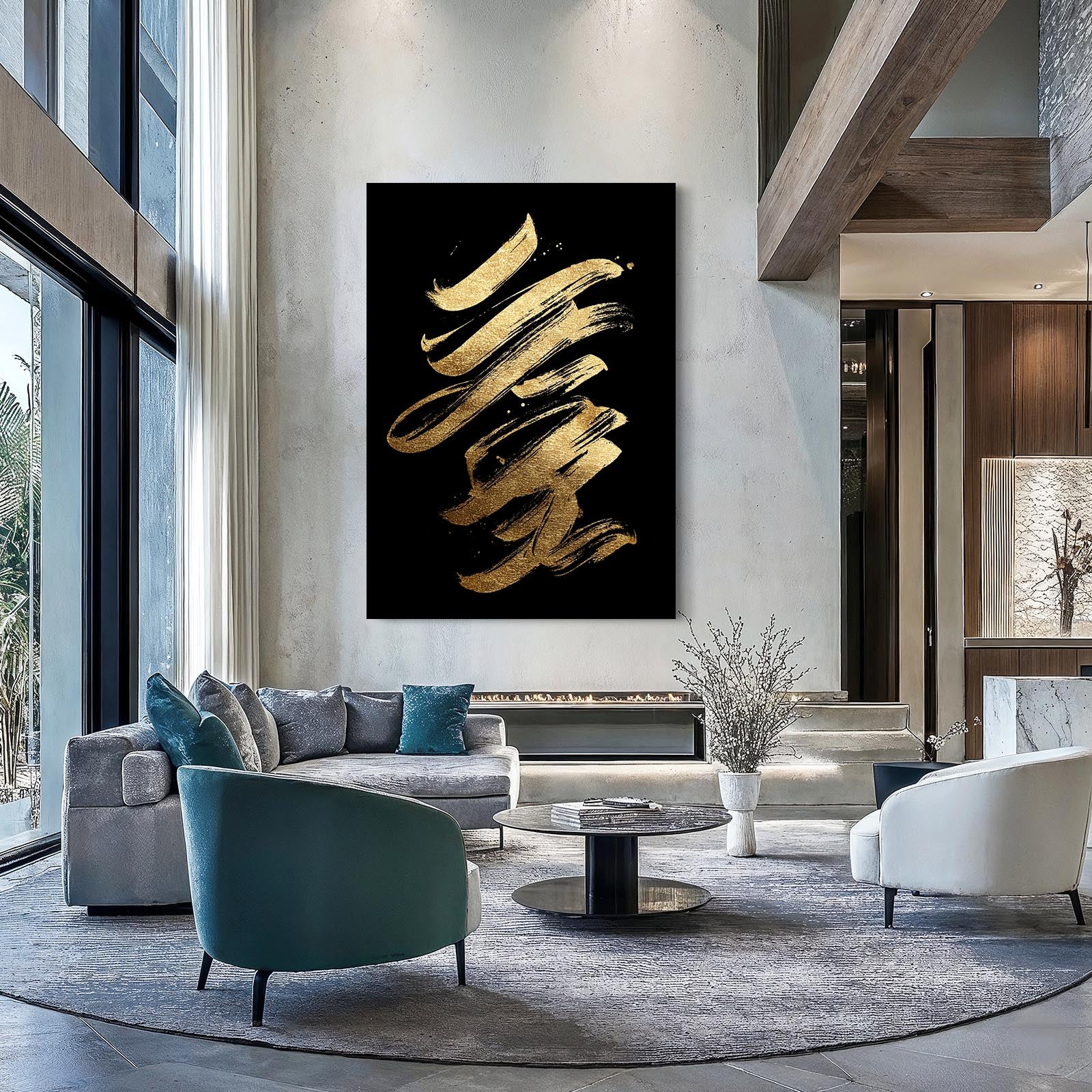 Stacked Gold Marks Canvas Art – styled in a furnished interior