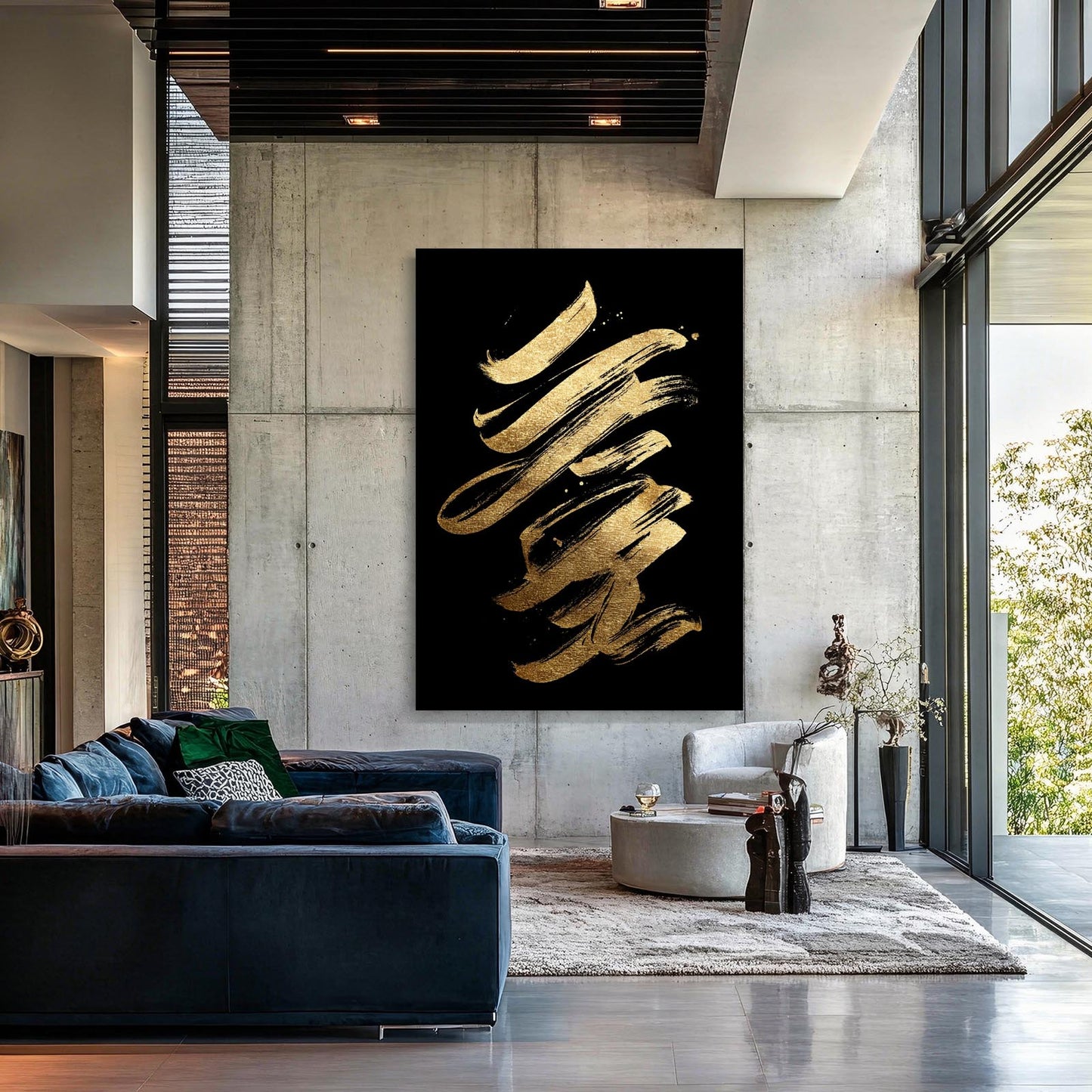 Stacked Gold Marks Canvas Art – styled in a furnished interior