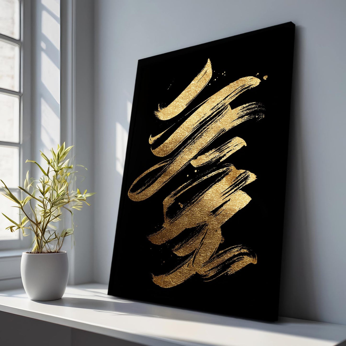 Stacked Gold Marks Canvas Art – styled in a furnished interior
