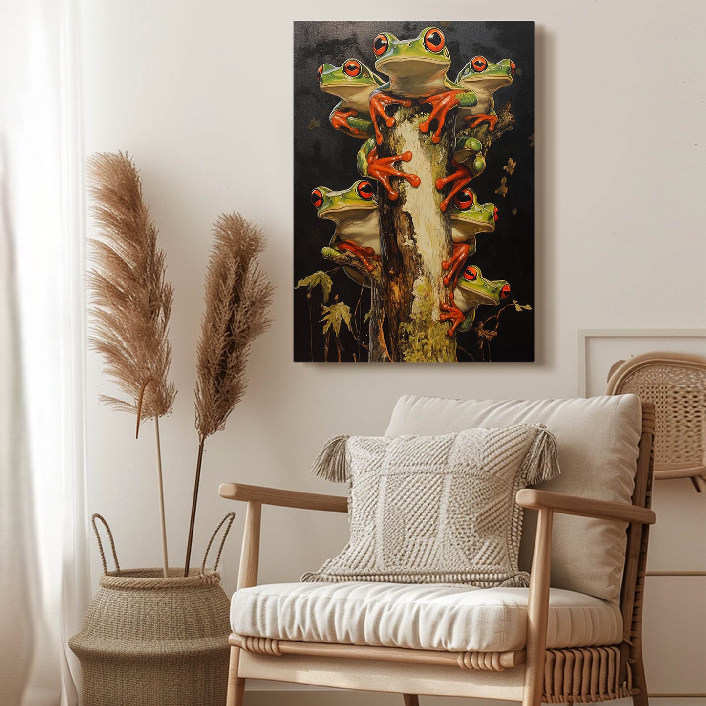Stacked Treefrog Trio Frog Wall Art – styled in a furnished interior