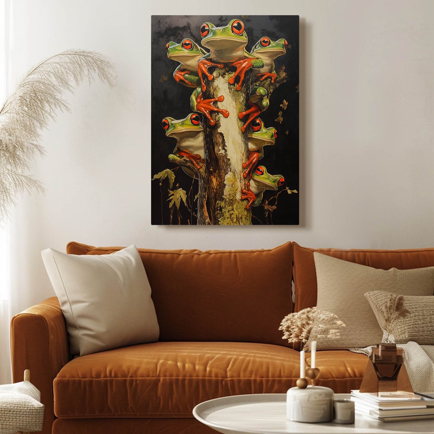 Stacked Treefrog Trio Frog Wall Art – styled in a furnished interior