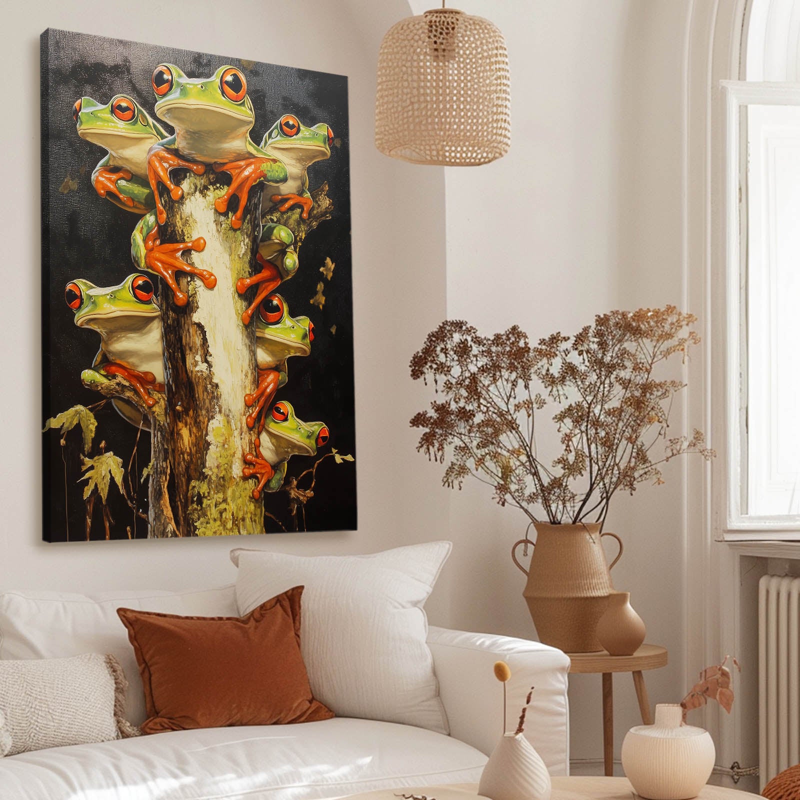 Stacked Treefrog Trio Frog Wall Art – styled in a furnished interior