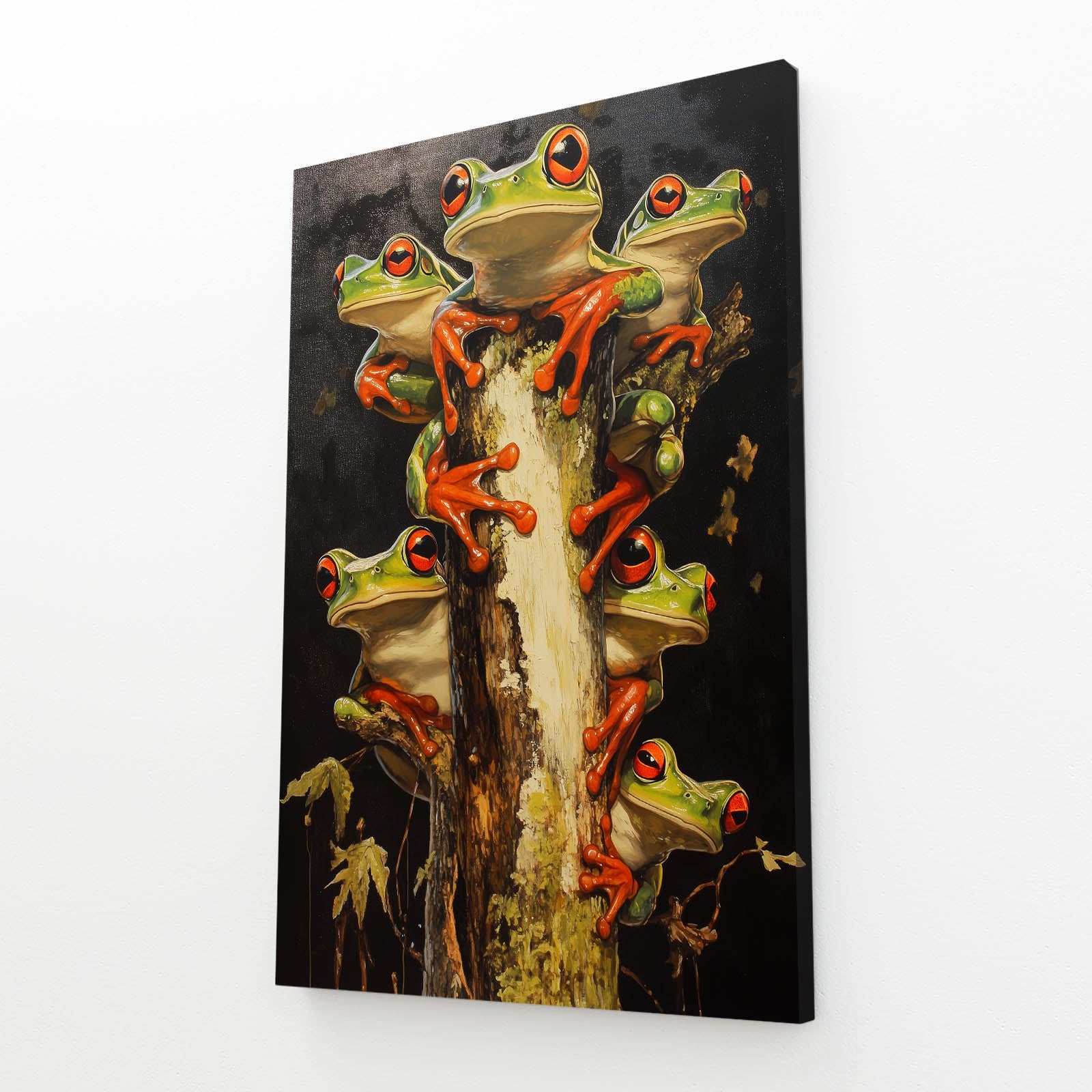 Stacked Treefrog Trio Frog Wall Art – angled canvas view on white background