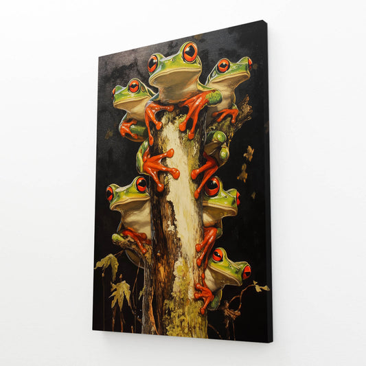 Stacked Treefrog Trio Frog Wall Art – angled canvas view on white background