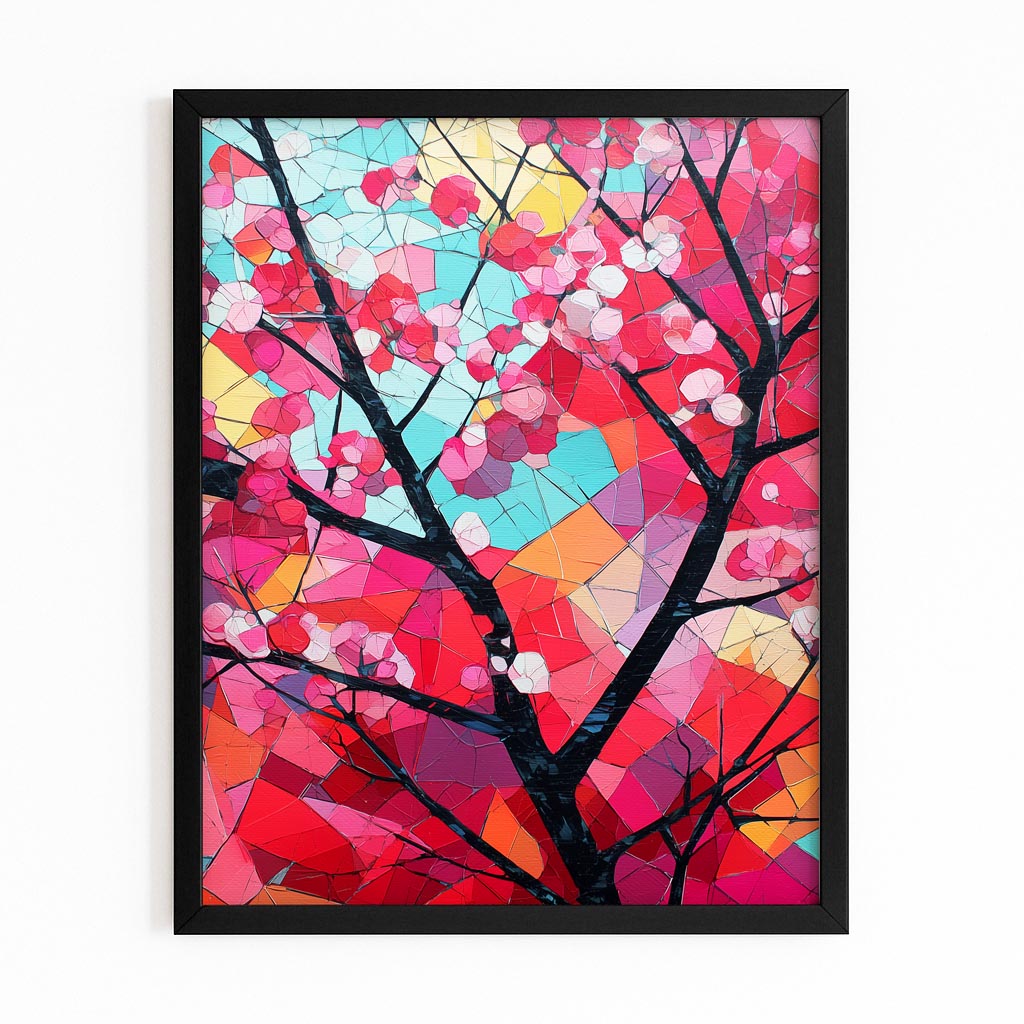 Stained Glass Branch Cherry Blossom Wall Decor – with Premium Black frame on white background