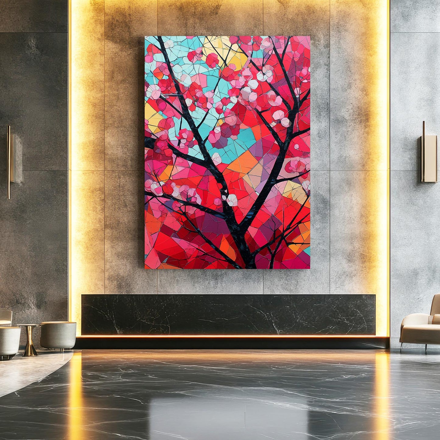 Stained Glass Branch Cherry Blossom Wall Decor – styled in a furnished interior
