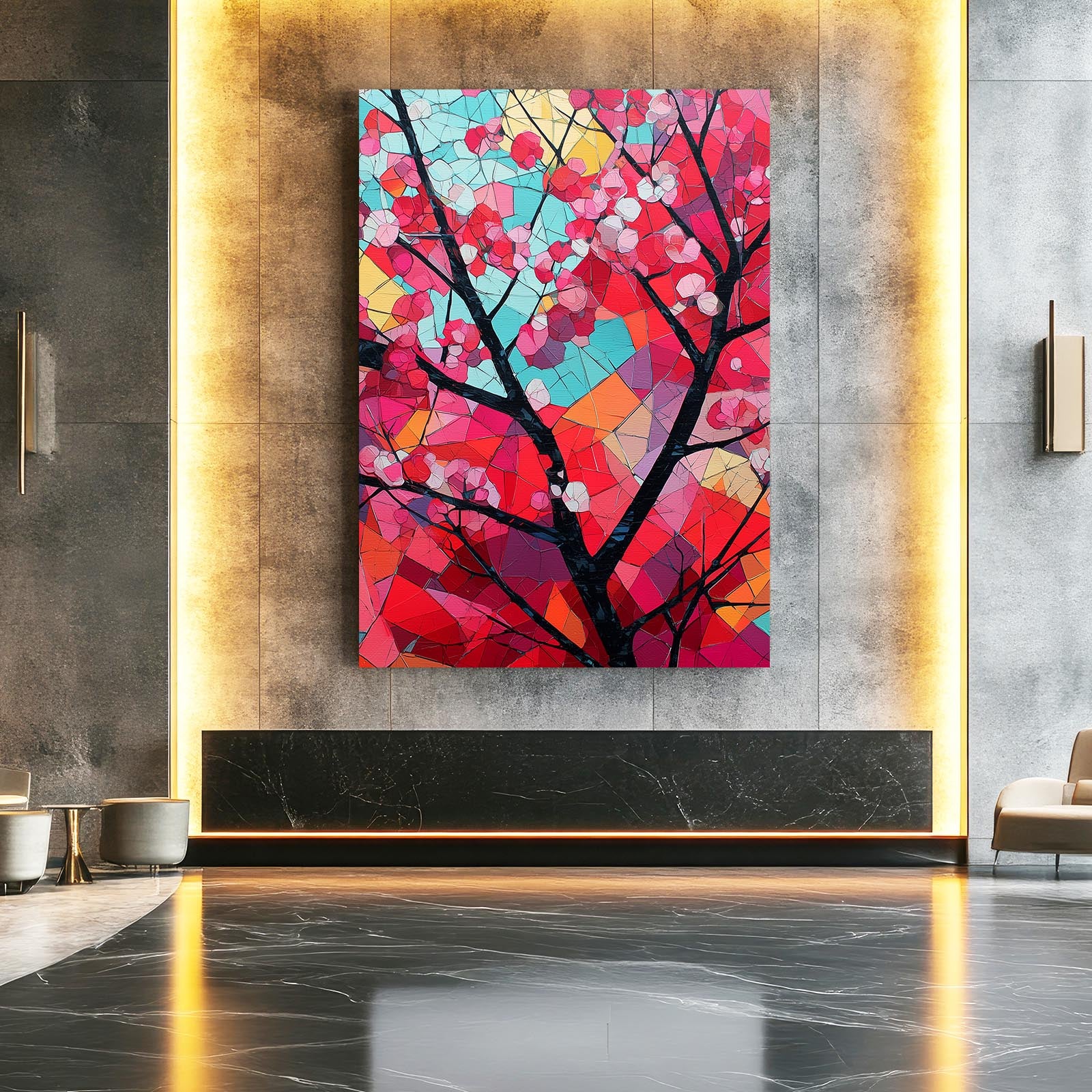 Stained Glass Branch Cherry Blossom Wall Decor – styled in a furnished interior