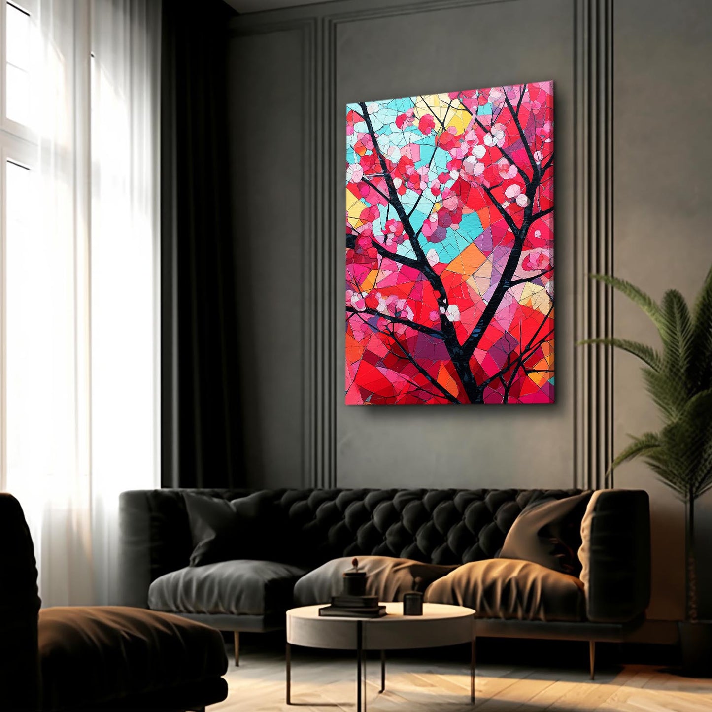 Stained Glass Branch Cherry Blossom Wall Decor – styled in a furnished interior