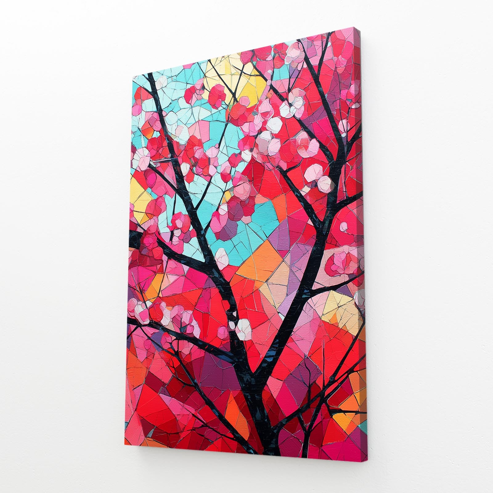 Stained Glass Branch Cherry Blossom Wall Decor – angled canvas view on white background