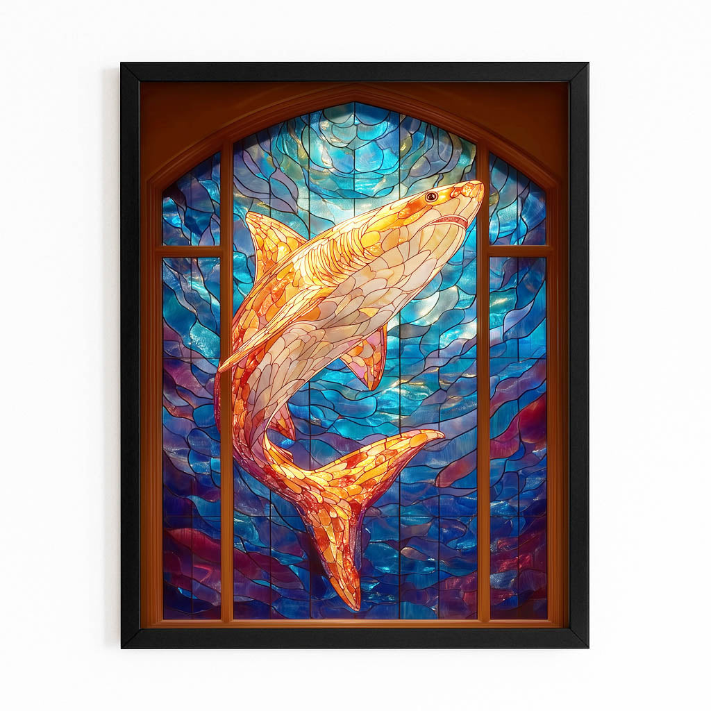 Stained Glass Fire Shark Wall Decor – with Premium Black frame on white background