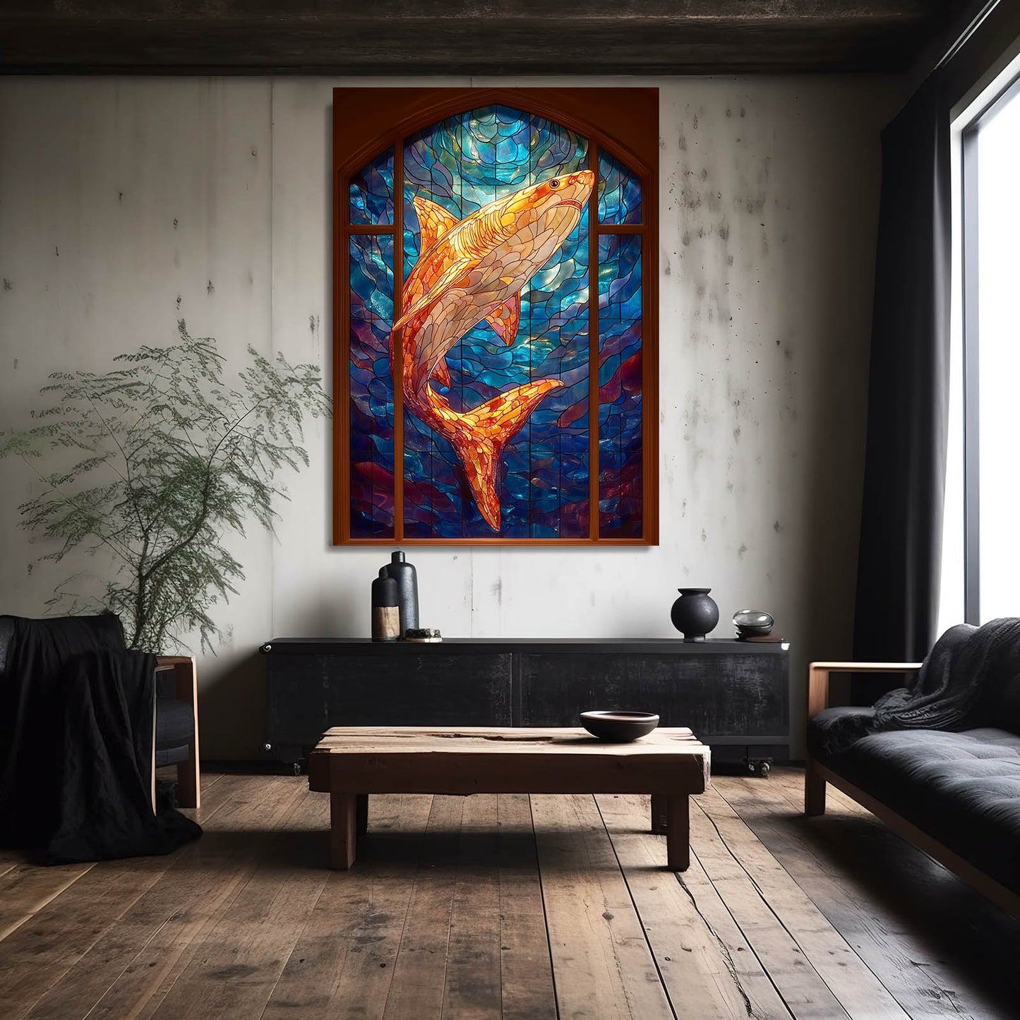 Stained Glass Fire Shark Wall Decor – styled in a furnished interior