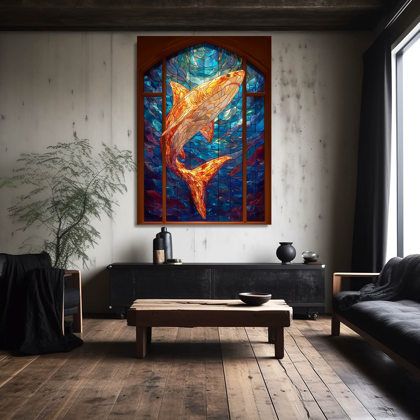 Stained Glass Fire Shark Wall Decor – styled in a furnished interior
