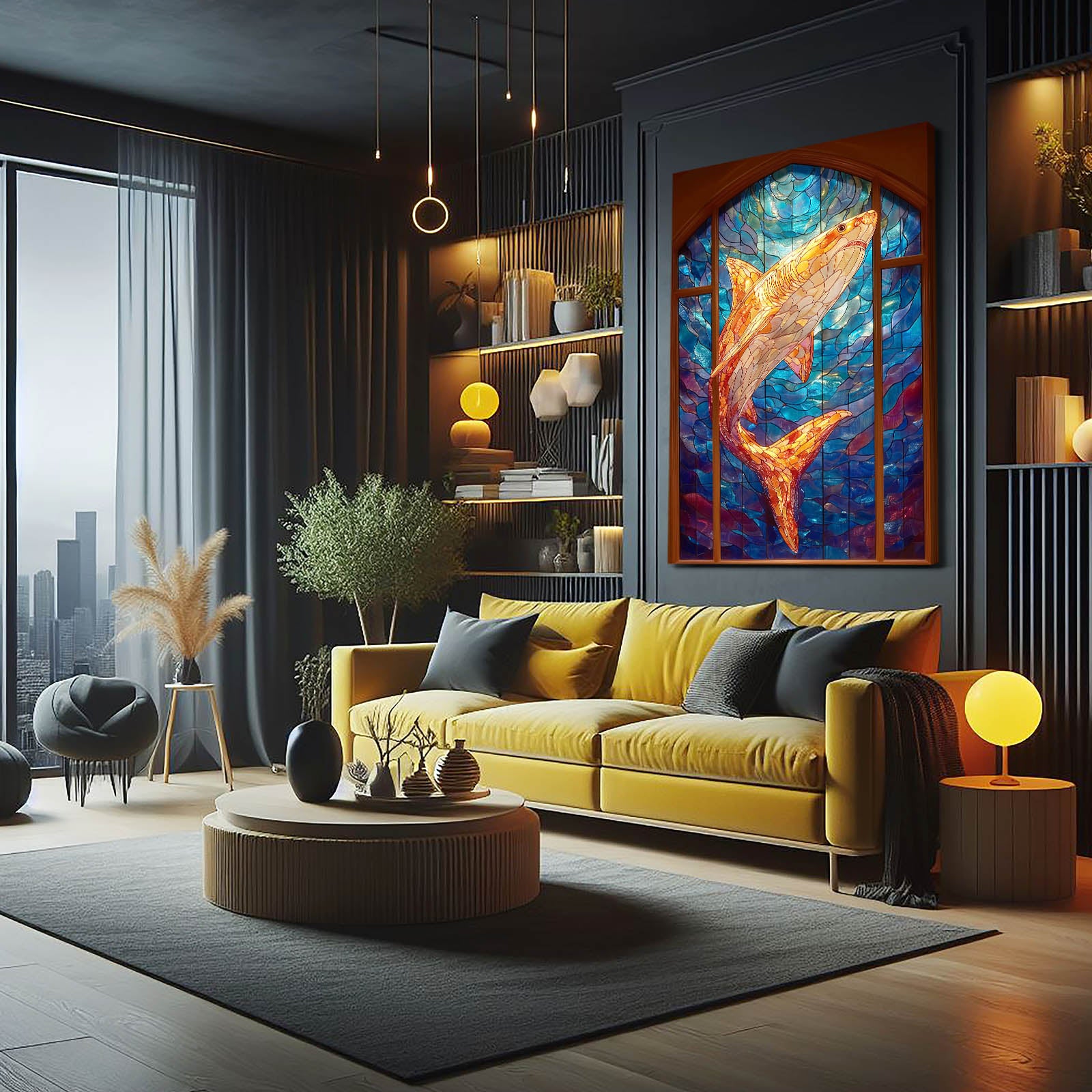 Stained Glass Fire Shark Wall Decor – styled in a furnished interior