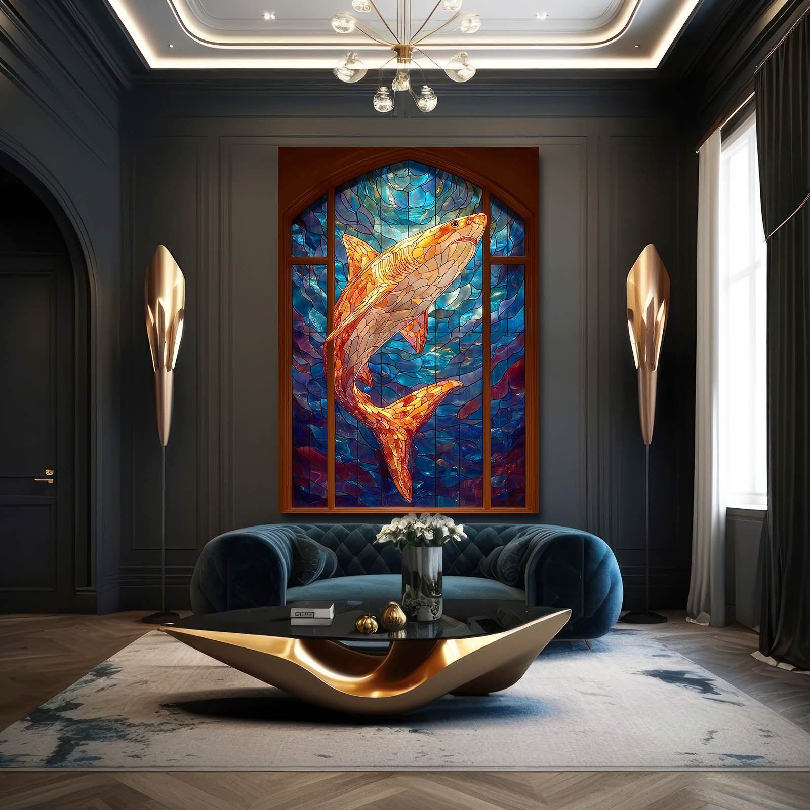 Stained Glass Fire Shark Wall Decor – styled in a furnished interior