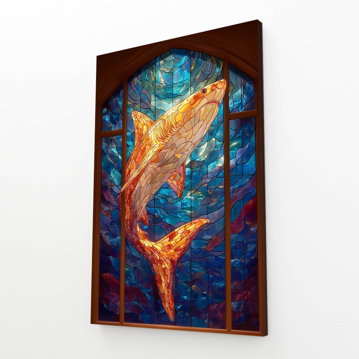 Stained Glass Fire Shark Wall Decor – angled canvas view on white background