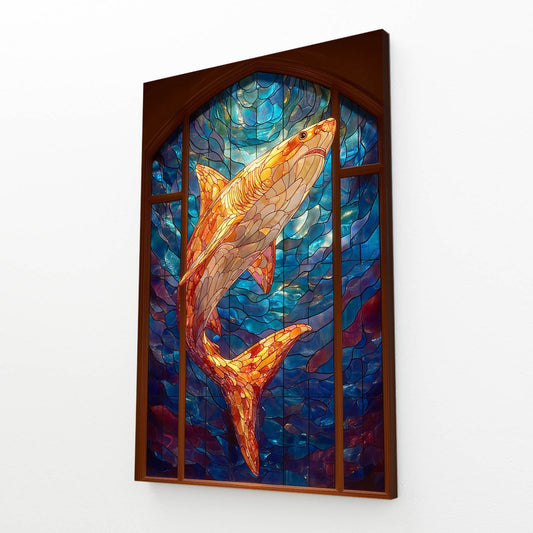 Stained Glass Fire Shark Wall Decor – angled canvas view on white background