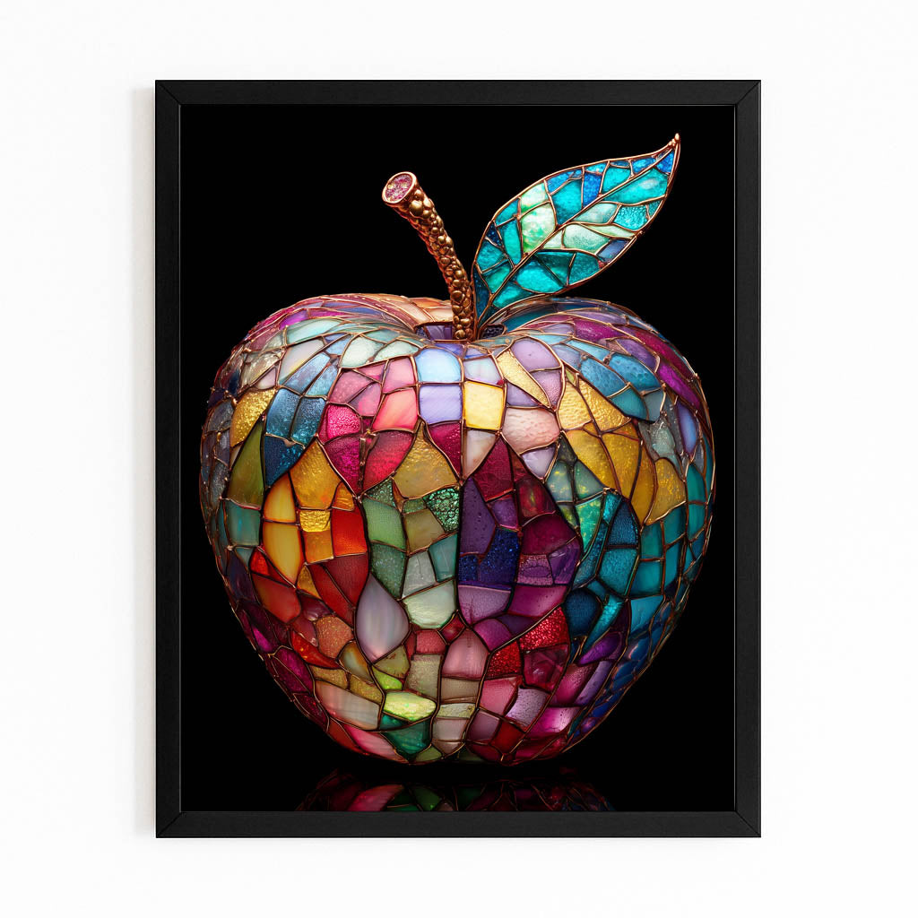 Stained Glass Mosaic Apple Canvas Art – with Premium Black frame on white background