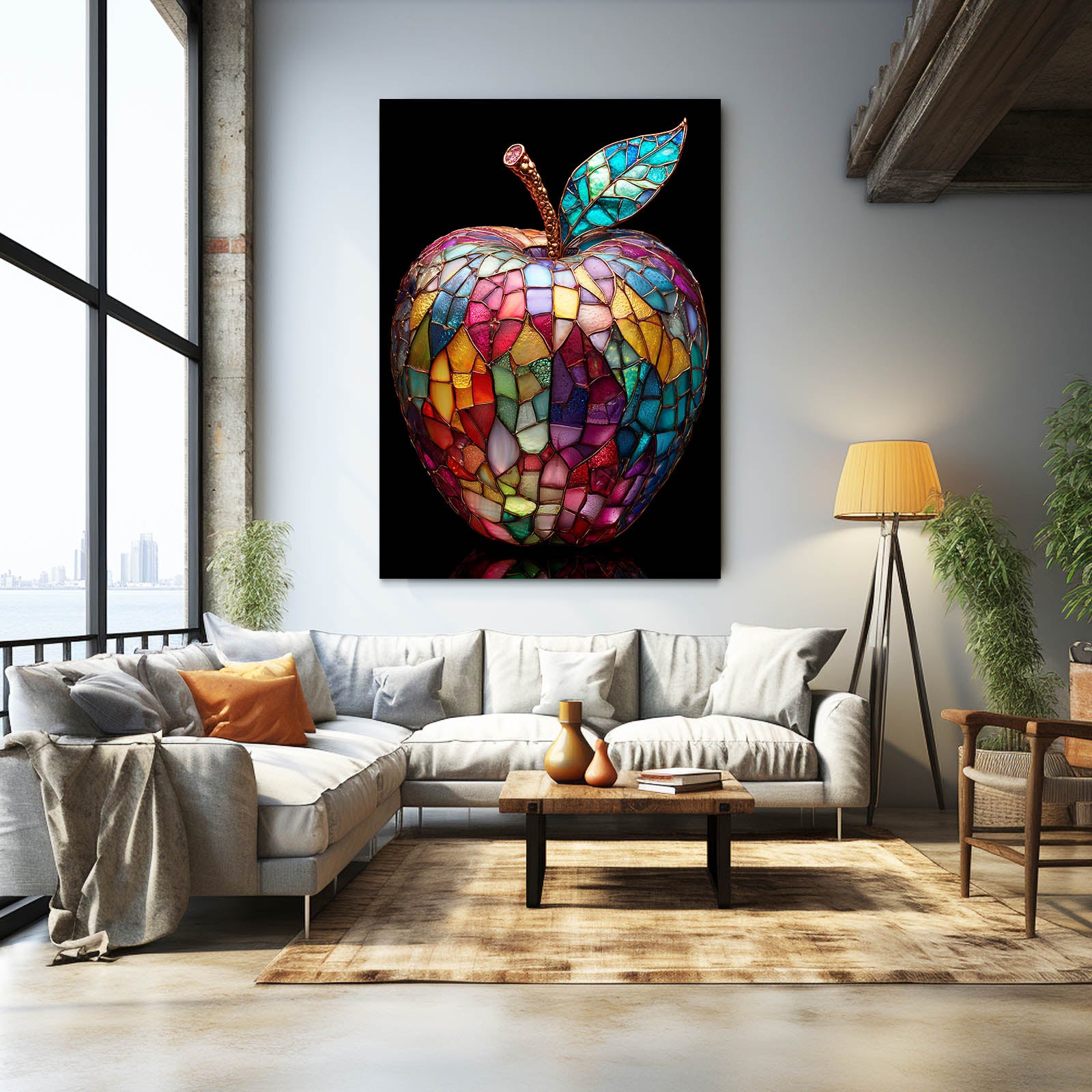 Stained Glass Mosaic Apple Canvas Art – styled in a furnished interior