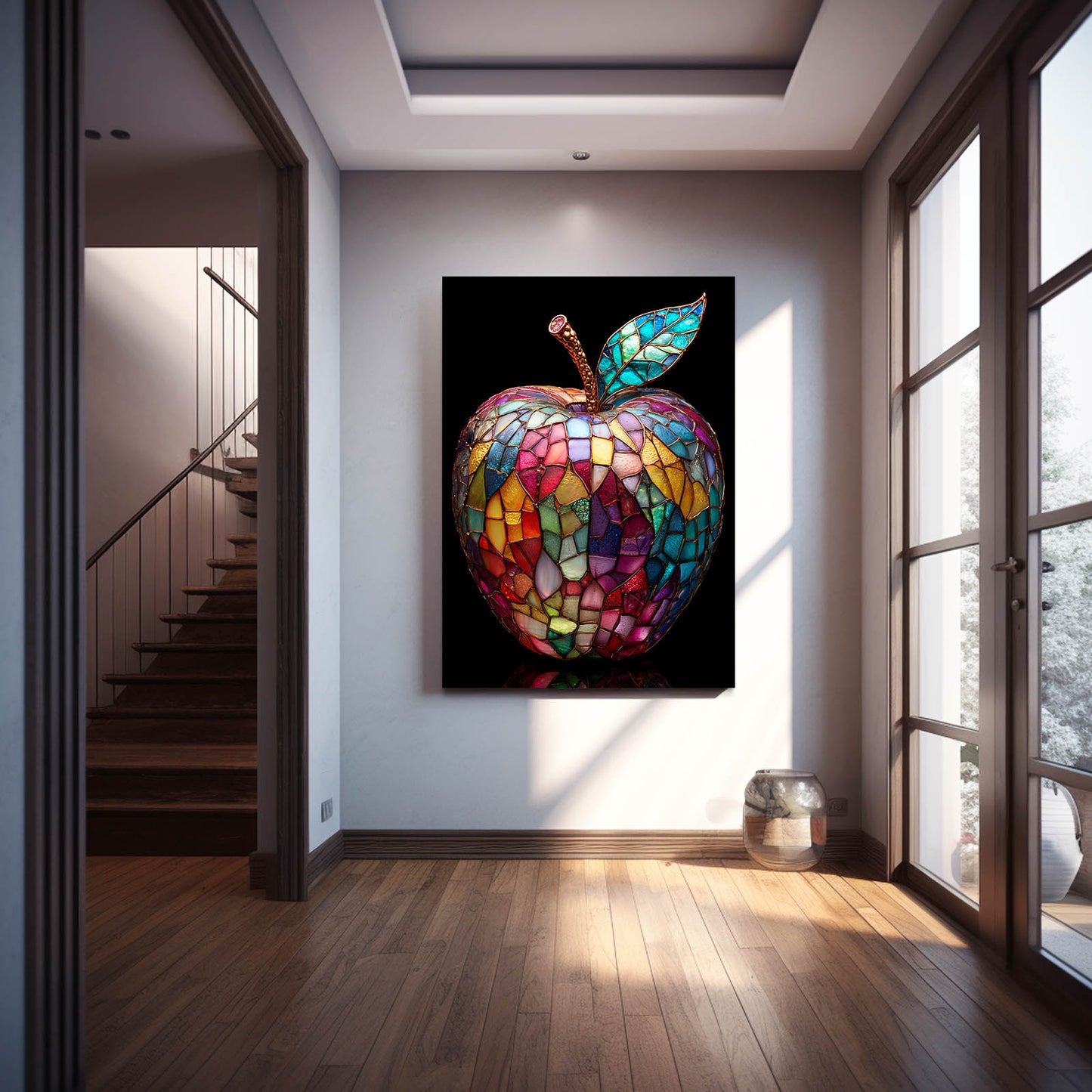 Stained Glass Mosaic Apple Canvas Art – styled in a furnished interior