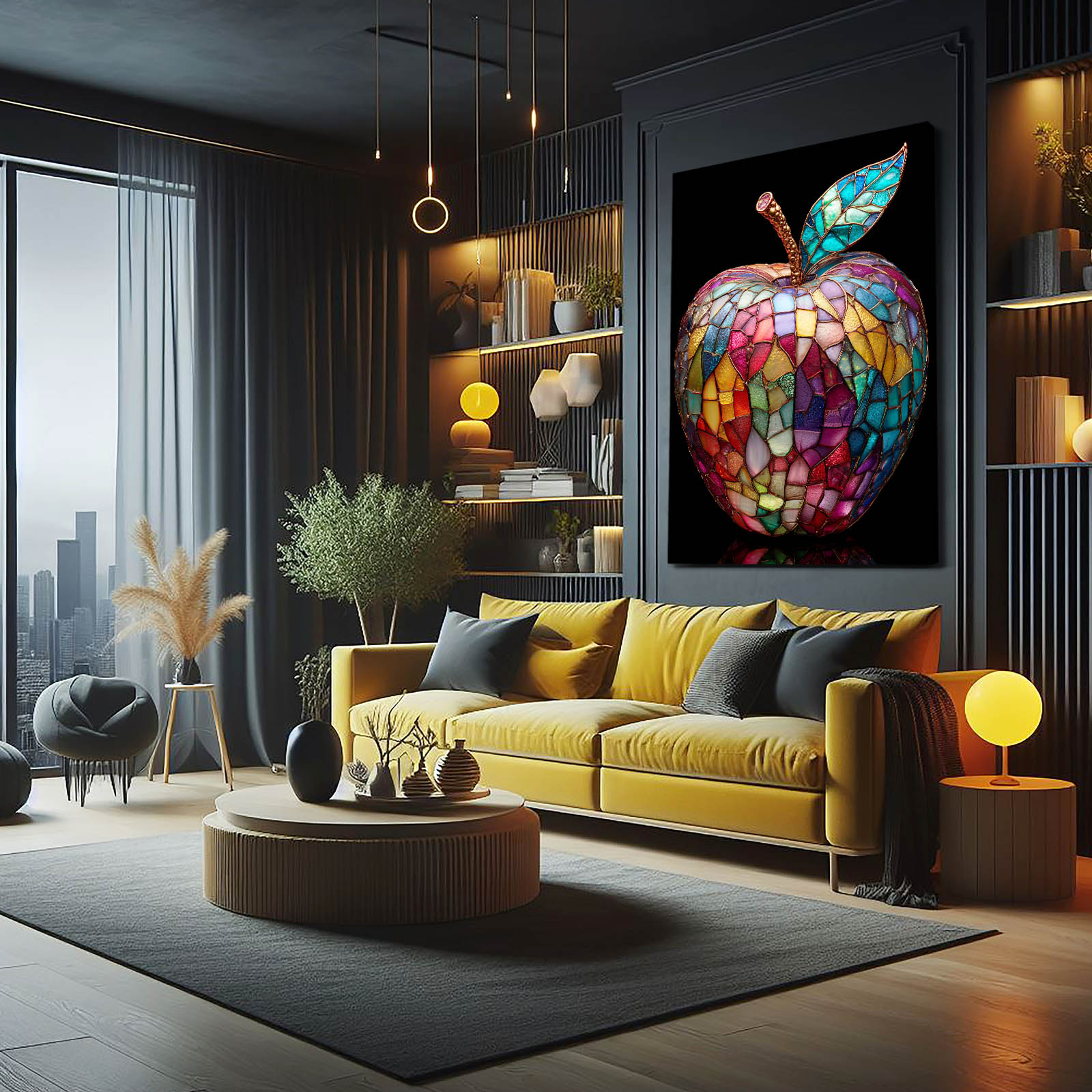 Stained Glass Mosaic Apple Canvas Art – styled in a furnished interior