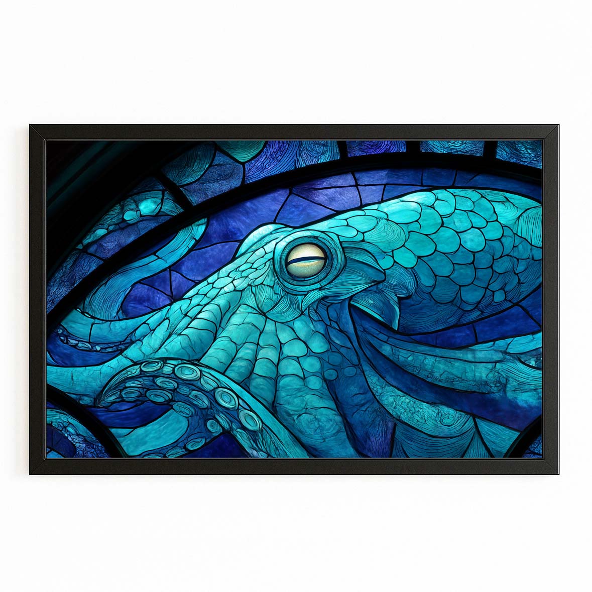 Stained Glass Teal Octopus Canvas – with Premium Black frame on white background