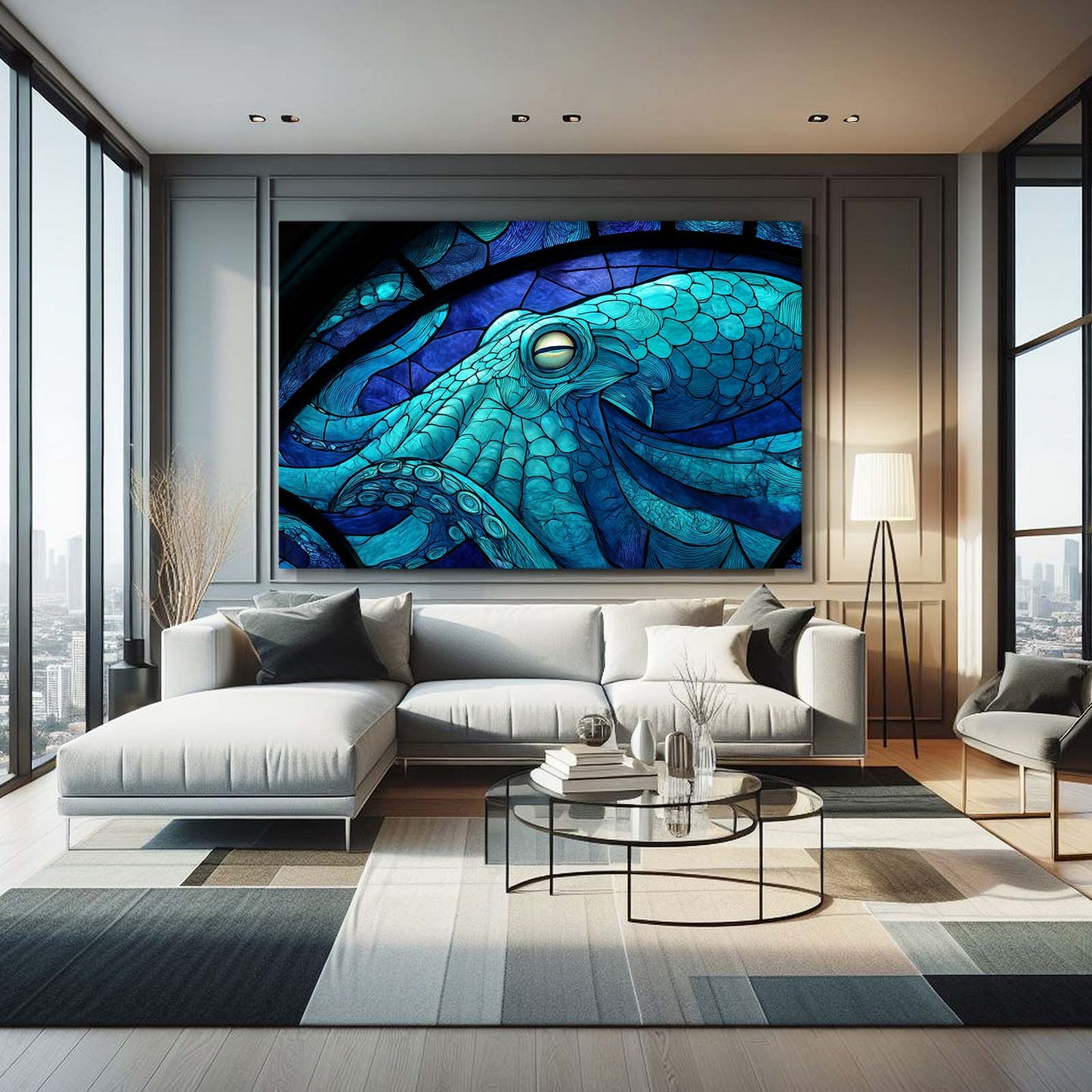 Stained Glass Teal Octopus Canvas – styled in a furnished interior
